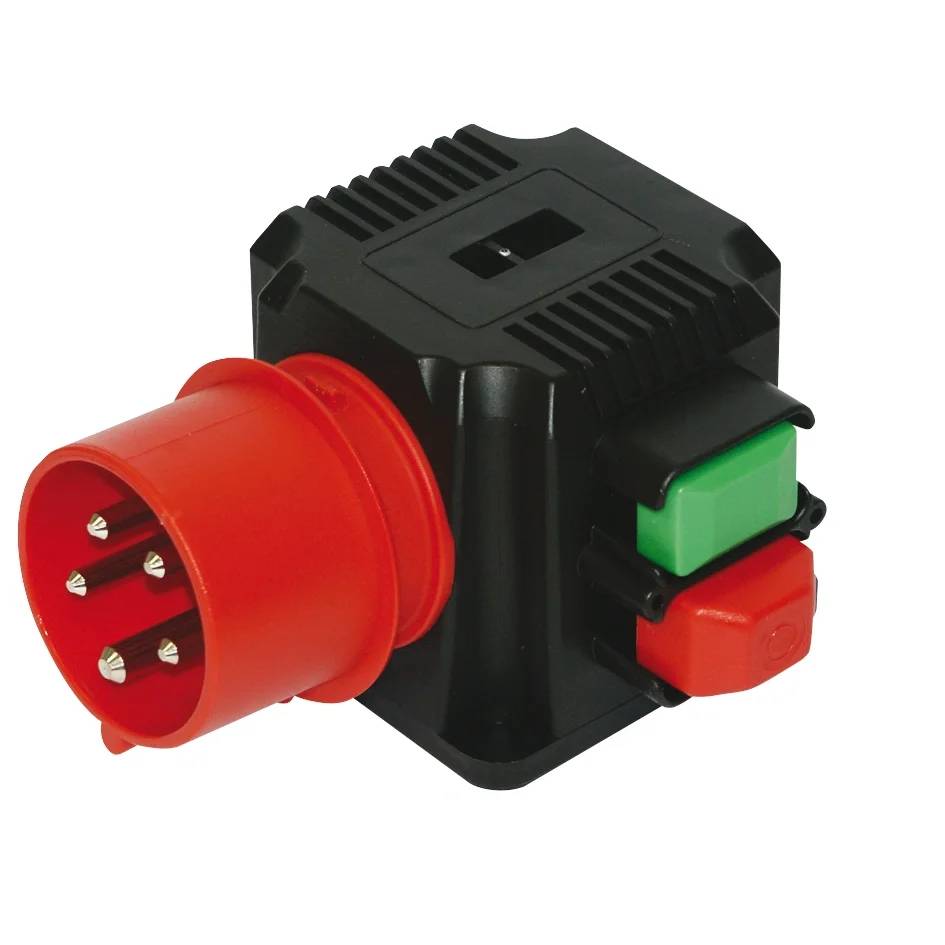 Schwarzer elektrischer Adapter mit roten 5-poligem Stecker und grün/roten Seitenschaltern auf weißem Hintergrund.