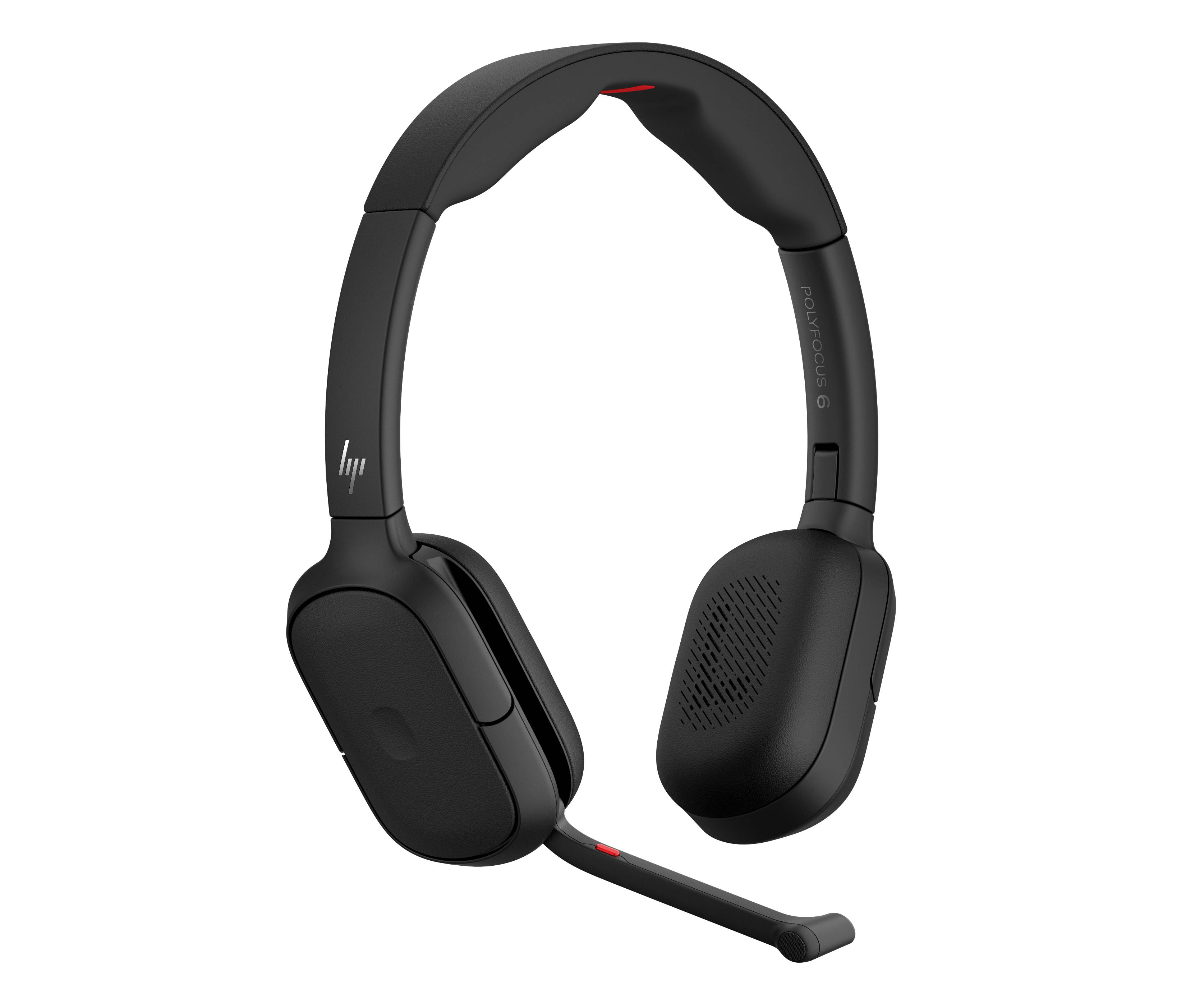 Schwarzes kabelloses Over-Ear-Headset mit Boom-Mikrofon auf schwarzem Hintergrund, von vorne gezeigt.