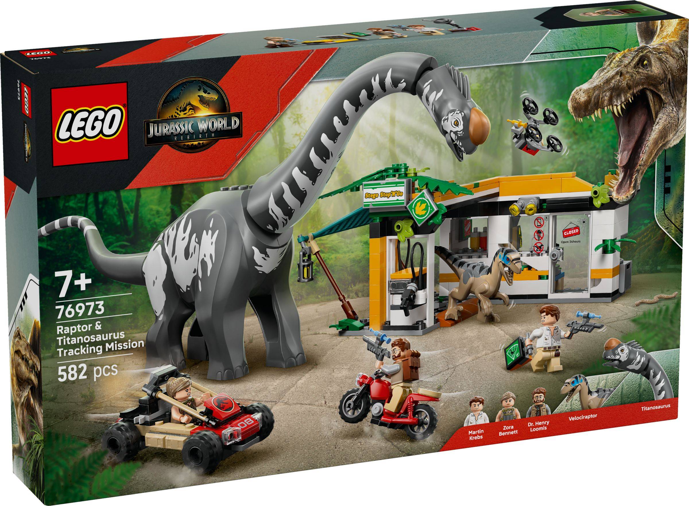 LEGO Jurassic World Kartonbox zeigt eine Raptor- und Titansaurus-Verfolgungsmission mit Minifiguren, Fahrzeugen und einer Dinosaurier-Angriffsszene; 582 Teile, ab 7 Jahren.