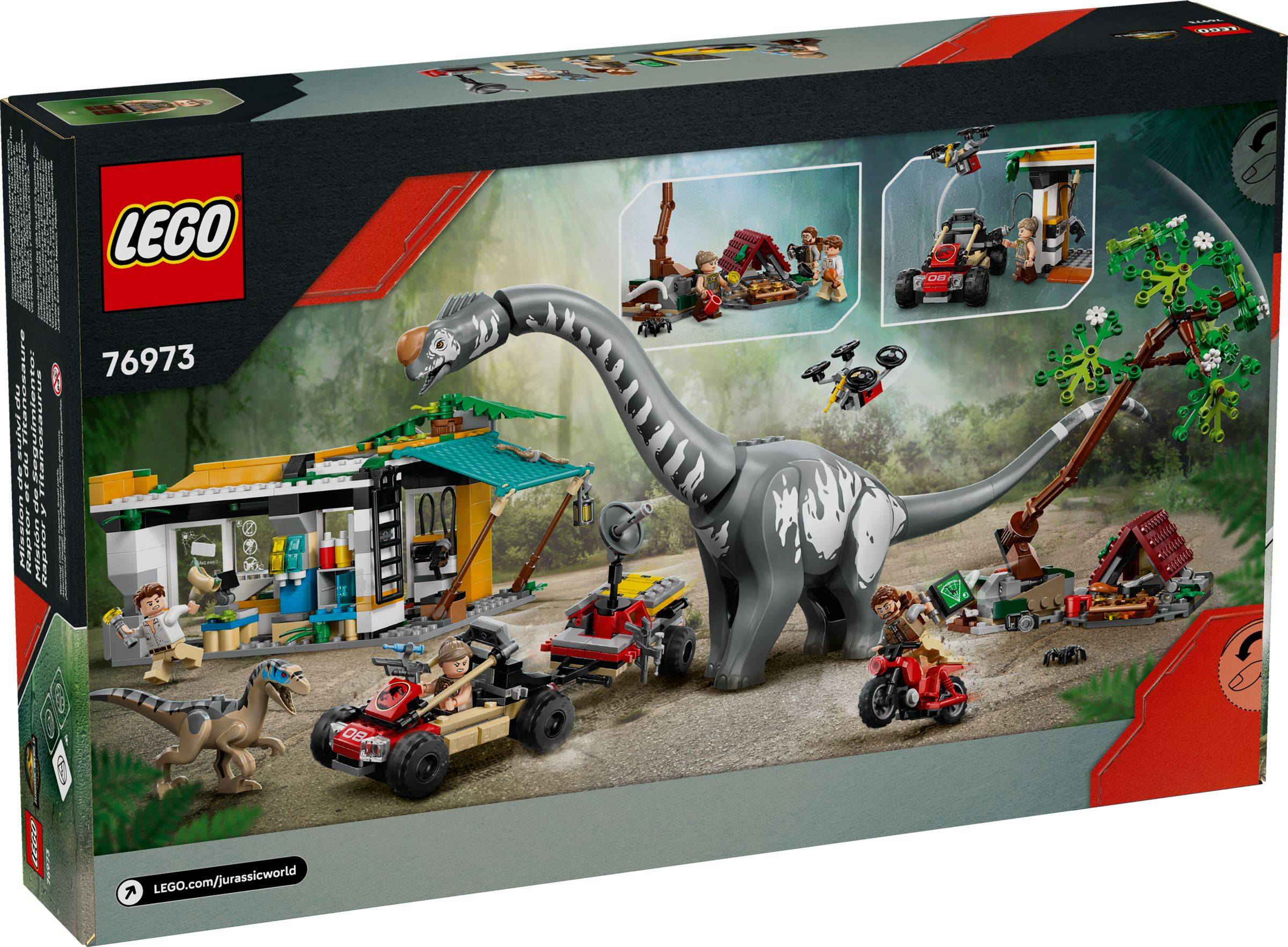 LEGO Jurassic World Set 76973 Schachtelbild zeigt einen langstieliges Dinosaurier, Fahrzeuge, Minifiguren und eine Dschungel-Basisszene mit aktiven Spielfunktionen.