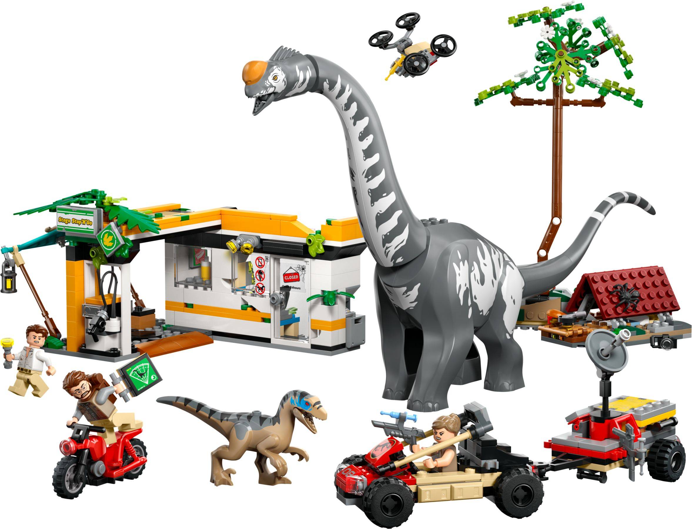 Ein LEGO Dinosaurier-Abenteuer-Spielset mit einem großen grauen Sauropoden, kleineren Dinosauriern, Minifiguren, Fahrzeugen und einer Dschungel-Basisstation mit Zubehör.