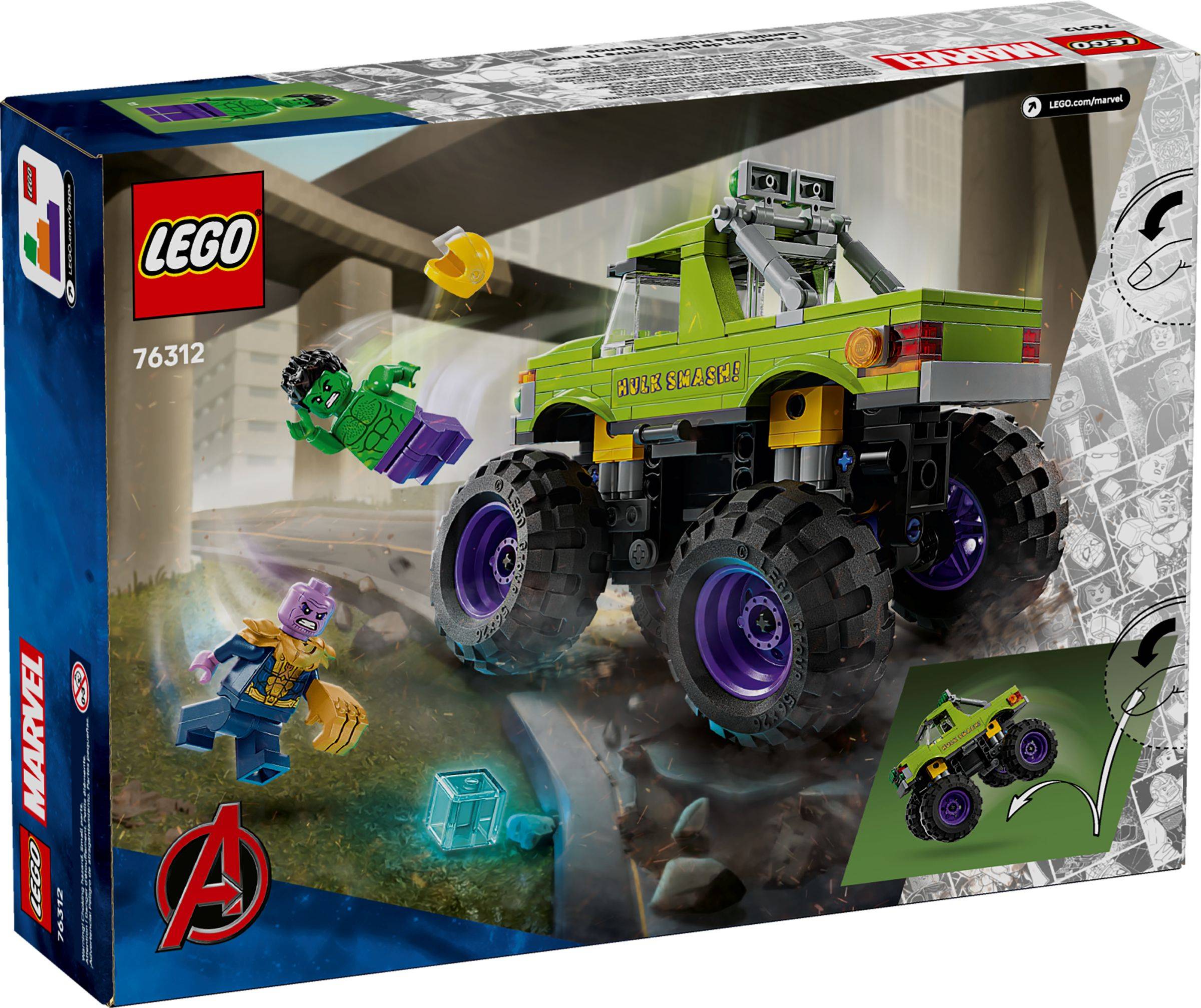LEGO Marvel 76312 Boxart mit Hulkbuster Monster Truck, grünem Monster Truck und Minifiguren von Hulk, Thanos und einer weiteren Figur.
