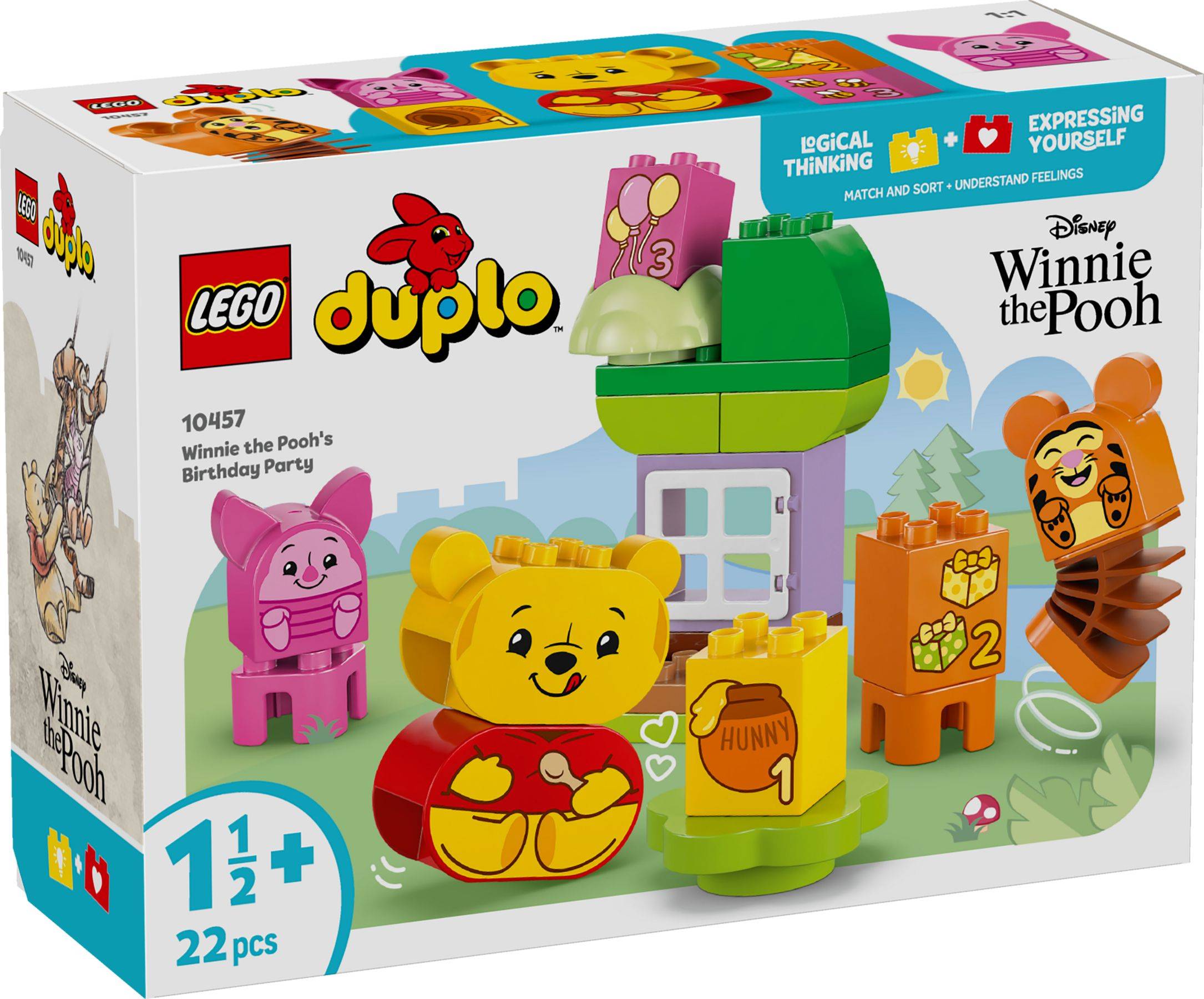LEGO DUPLO Winnie Puuh Geburtstagsparty-Set mit Packung zeigt Puuh, Tigger, Ferkelchen und Honigtöpfe; ab 1½ Jahren, 22 Teile.