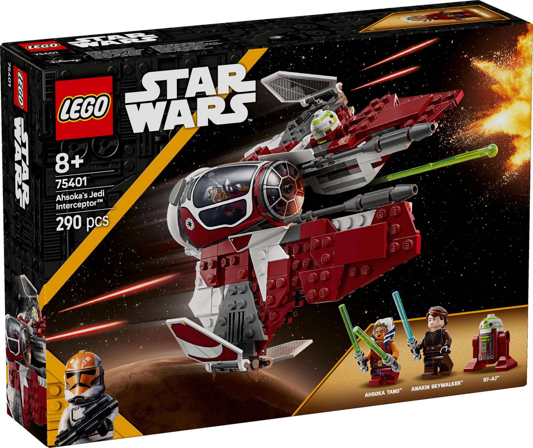 LEGO Star Wars Schachtel für Ahsokas Jedi-Abfangjäger Set 75401, 290 Teile, zeigt das rot-weiße Raumschiff und die enthaltenen Minifiguren.
