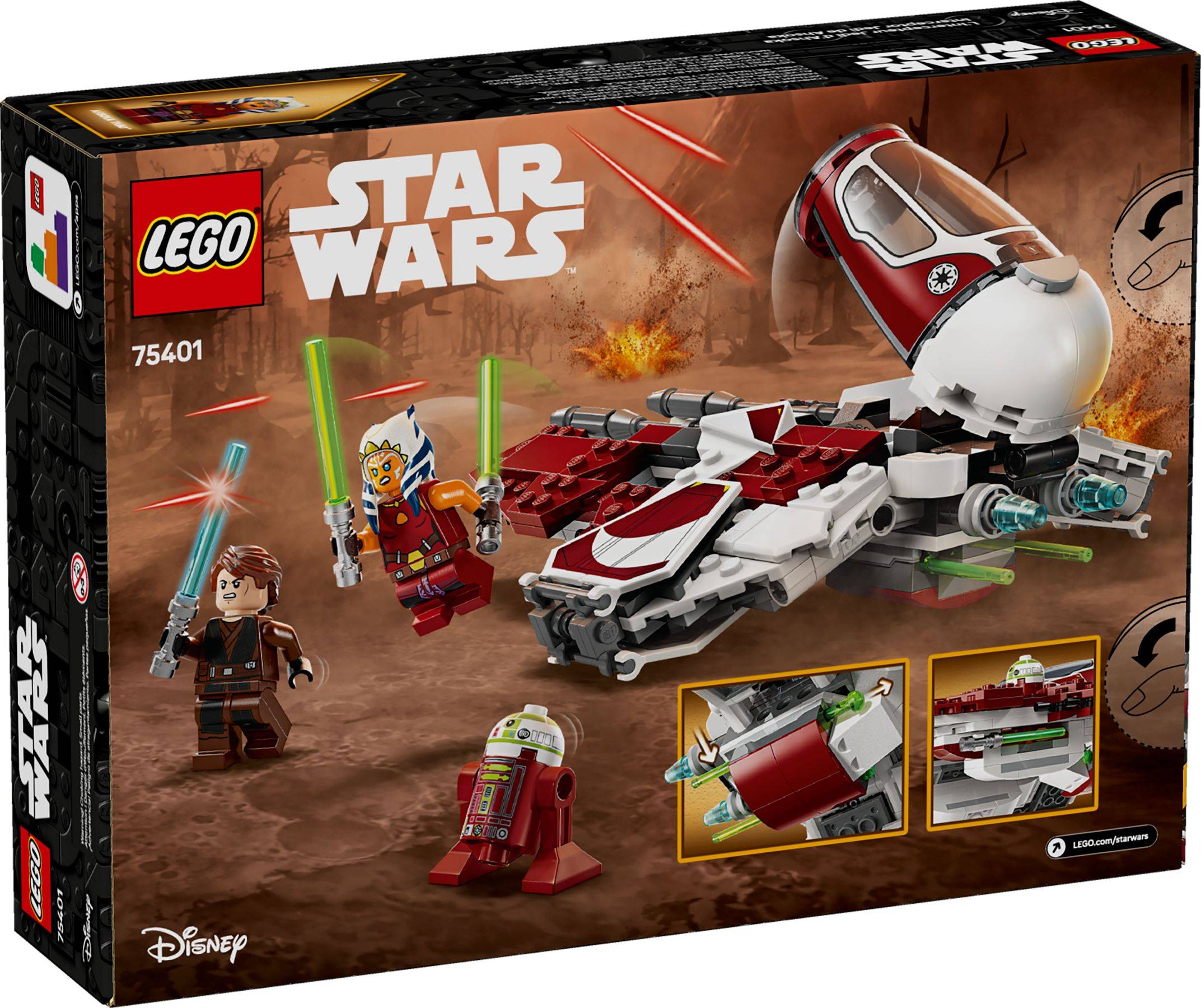 LEGO Star Wars Karton für Set 75401, zeigt einen weiß-roten Speeder mit Minifiguren und Blastergefechtszene aus Disneys The Clone Wars.
