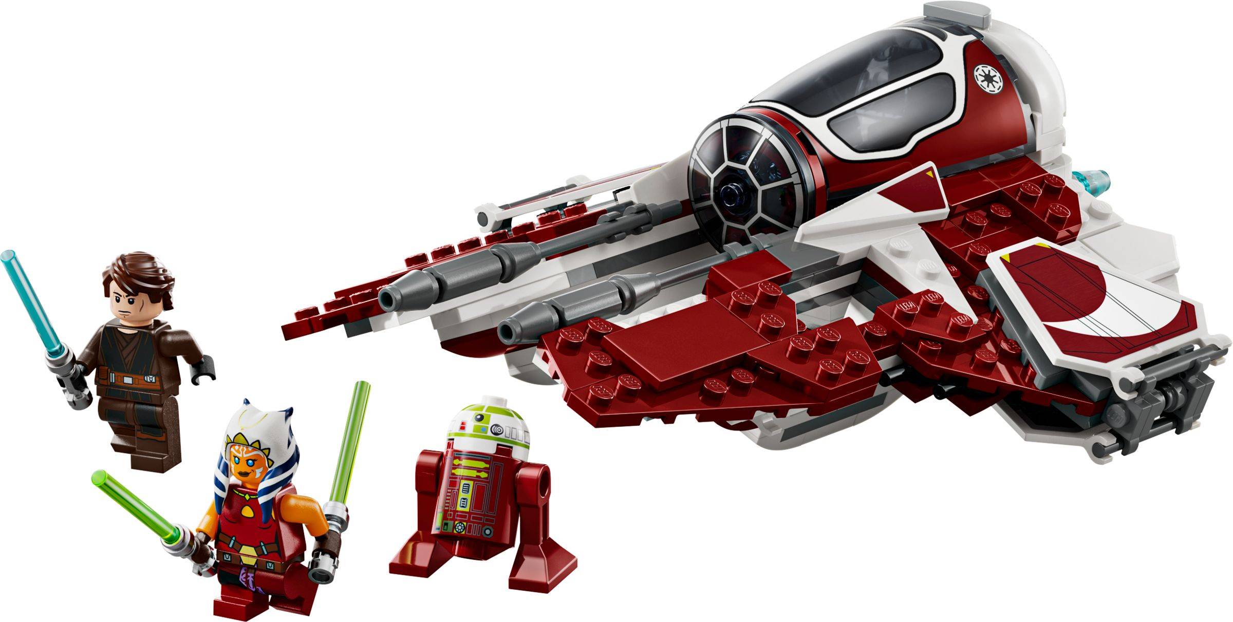 LEGO Star Wars Set zeigt ein rot-weiß gestreiftes Republik-Kanonenboot mit drei Minifiguren und einem kleinen R2-ähnlichen Droiden, alles auf weißem Hintergrund.