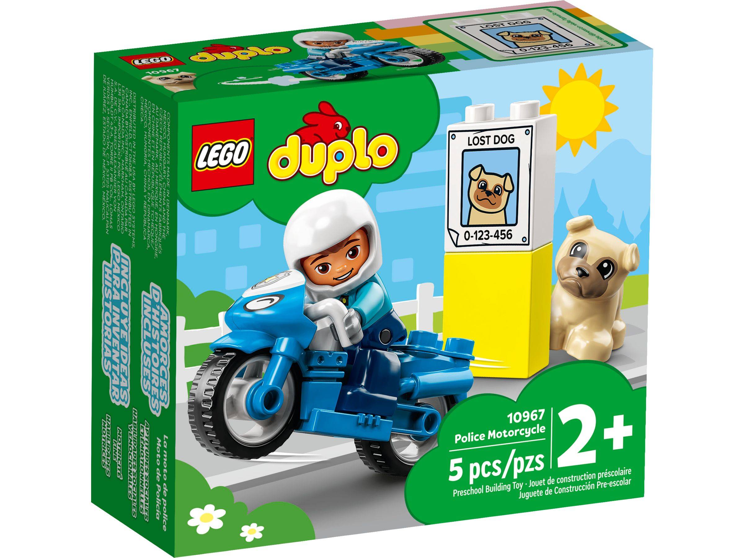 LEGO DUPLO 10967 Polizeimotorrad-Set mit Schachtel, auf der ein Kind auf einem blauen Polizeimotorrad und ein Poster für einen vermissten Hund zu sehen ist, für Kinder ab 2 Jahren; 5 Teile.