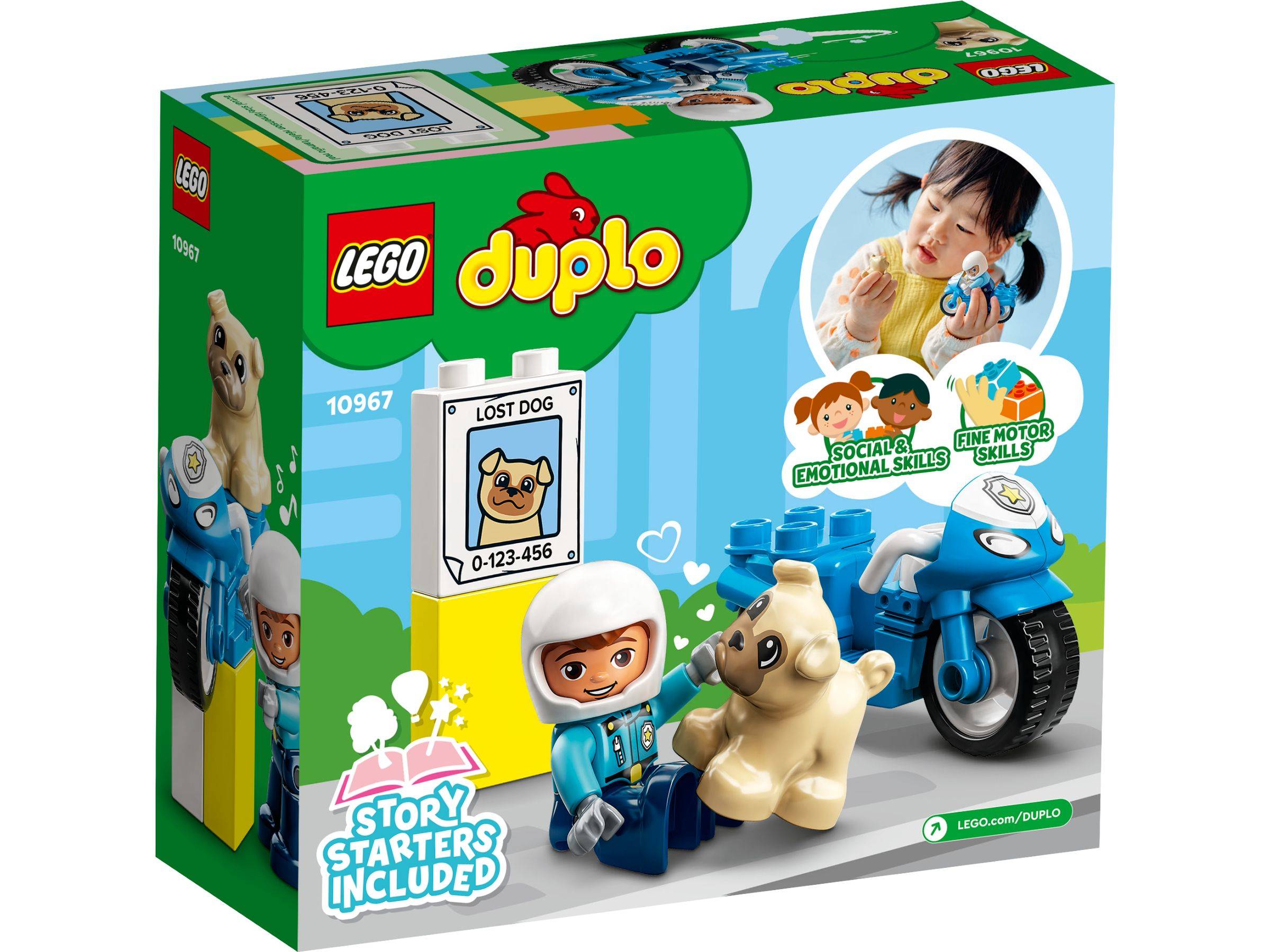 LEGO Duplo 'Verlorener Hund' Story Starters Set-Schachtel mit einer Kinderfigur mit Hund, blauem Motorrad und Symbolen für soziale/emotionale Fähigkeiten und Feinmotorik.