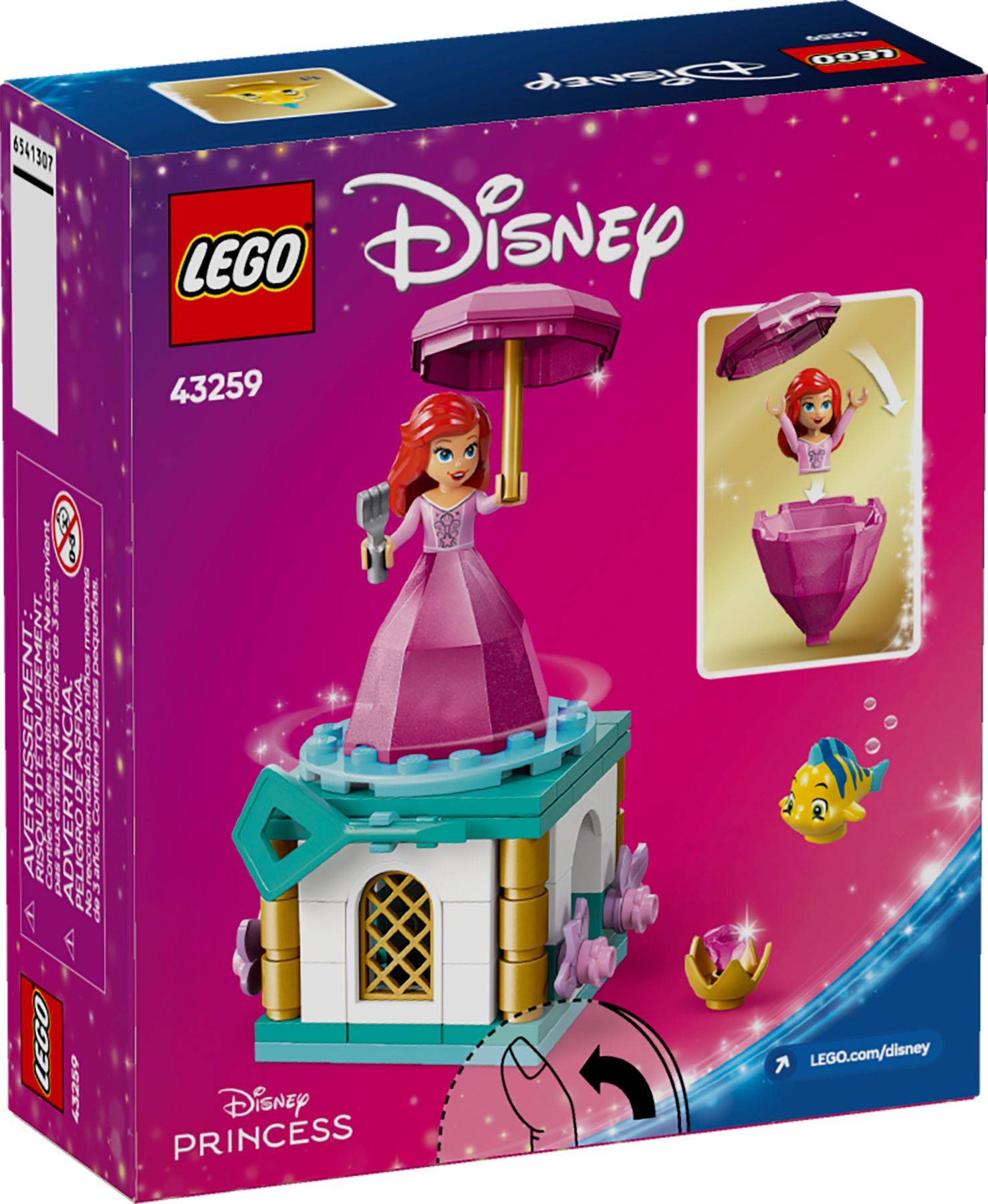 LEGO Disney Prinzessin-Set 43259 Schachteln mit Ariel in einem rosa Kleid mit einer Muschelschalen-Kleidtransformation und kleinen Fischcharakteren.