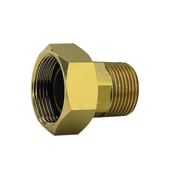 Messinggewinde-Rohrverschraubung mit sechskantigem Mittelteil, isoliert auf weißem Hintergrund dargestellt.