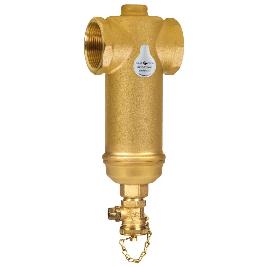 Goldmetall-Sanitärfilter oder Sieb mit Gewindeseitenanschlüssen und einem Ablassventil am Boden, isoliert auf weißem Hintergrund.
