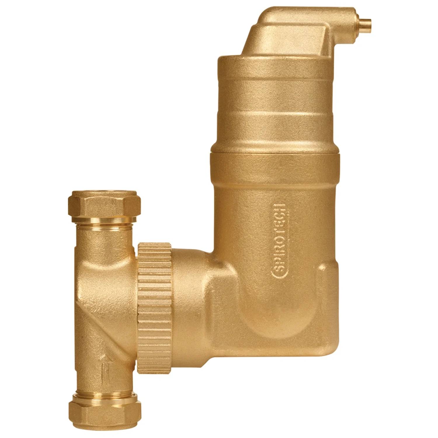 Goldmetall-Sanitärventil mit rechtwinkliger Bauform, Gewinde an den Enden und einer kleinen Seitenkappung, freigestellt auf weißem Hintergrund.