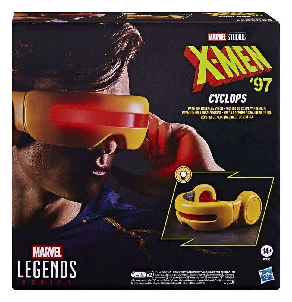 Marvel Legends Series Verpackung für Marvel Studios X-Men '97 Cyclops Premium Rollenspiel-Visier, das Cyclops mit einem gelb-roten Visier zeigt und das Produktbild.