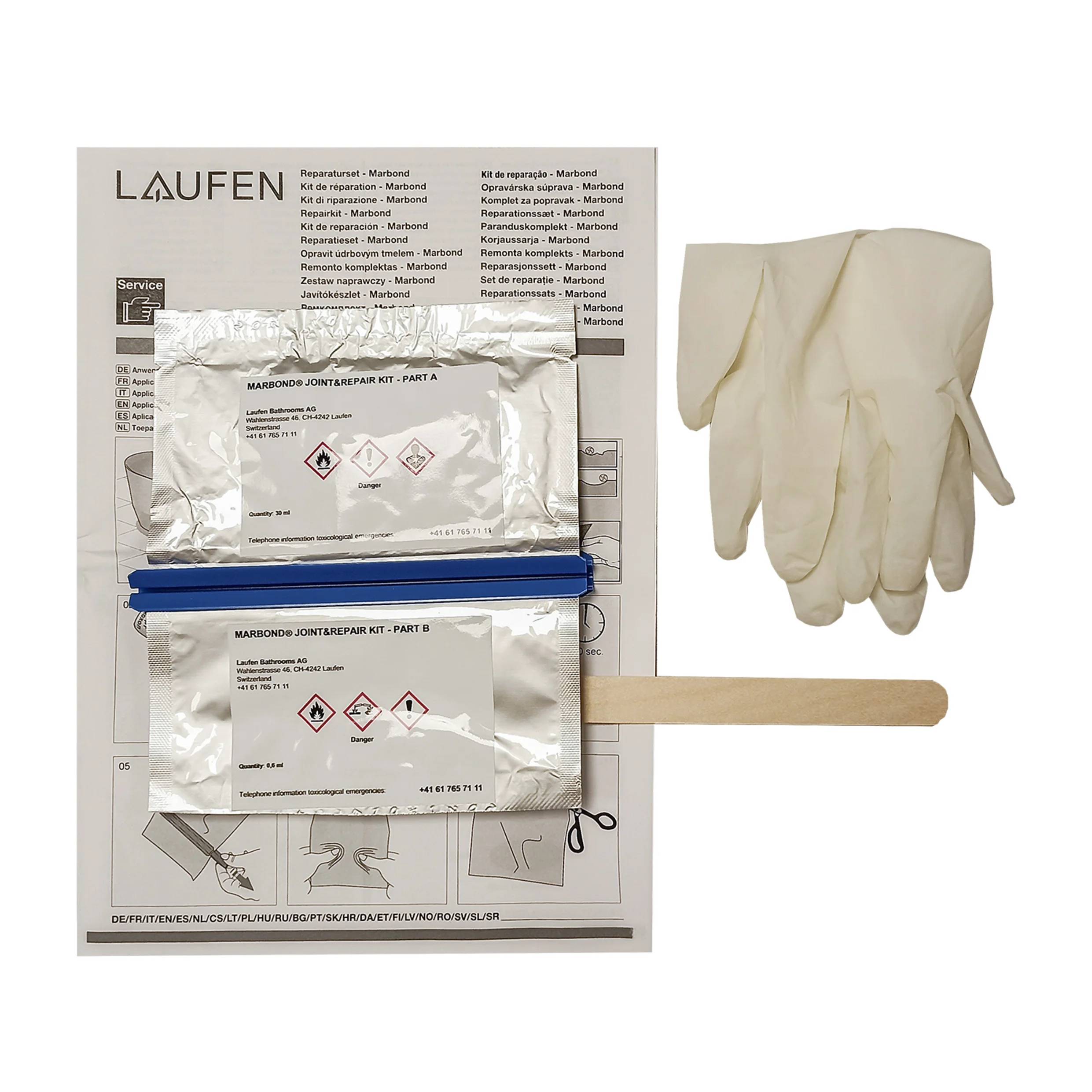 Bodenbelagspeparatursatz mit Mischbeuteln, Applikatorstöcken und weißen Handschuhen auf einem LAUFEN-Merkblatt