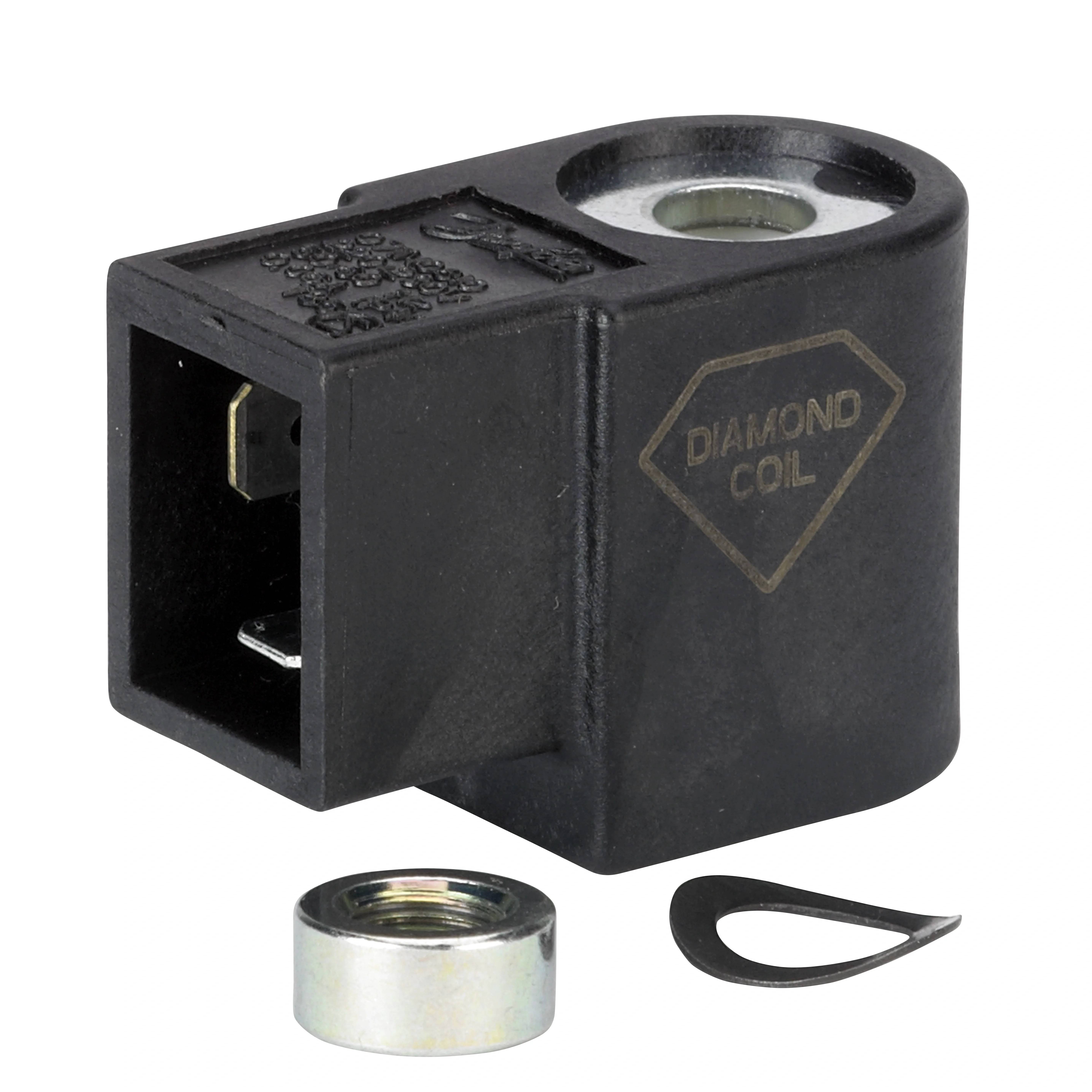 Black Diamond Spule elektrischer Solenoid-Stecker mit kreisförmiger oberer Öffnung, plus metallischer Ring und schwarze Dichtungsdichtung unten gezeigt.