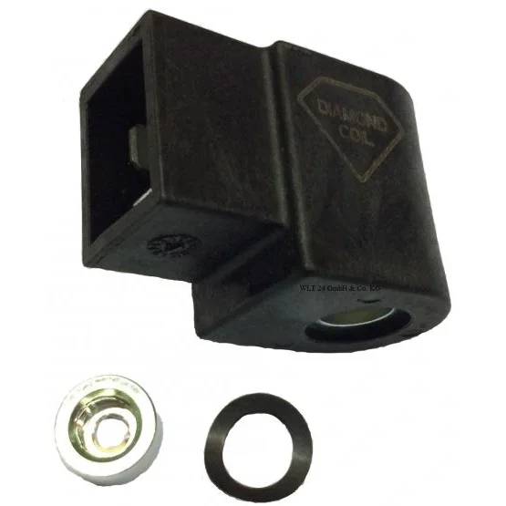 Schwarze Diamond-Zündspule mit einer Metallmontagescheibe und schwarzer Gummibuchse, darunter auf weißem Hintergrund abgebildet.