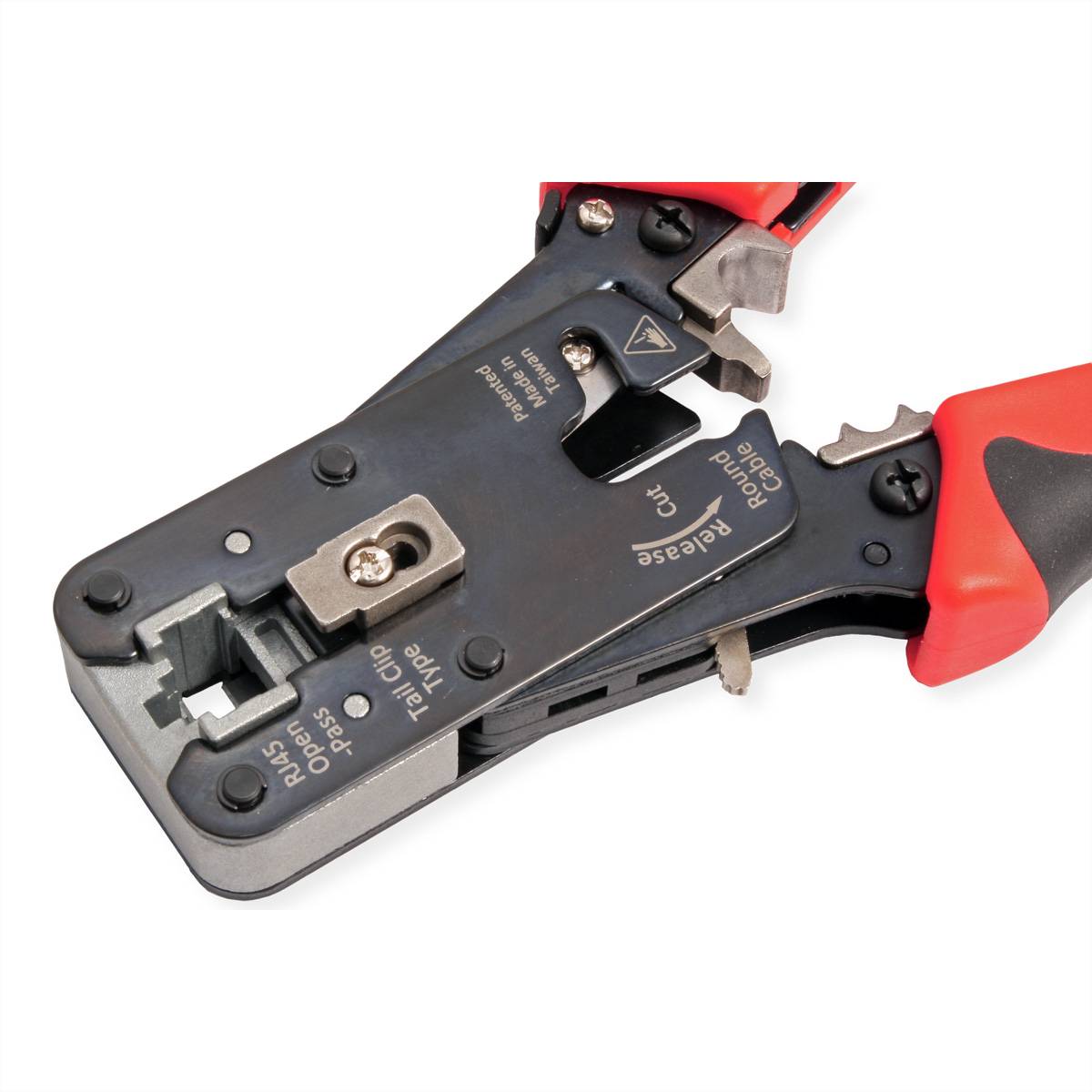Nahaufnahme eines rot-schwarzen modularen Draht-Crimpwerkzeugs mit Schneid-, Abisolier- und Freigabefunktionen für Netzwerk- oder Kabelstecker.