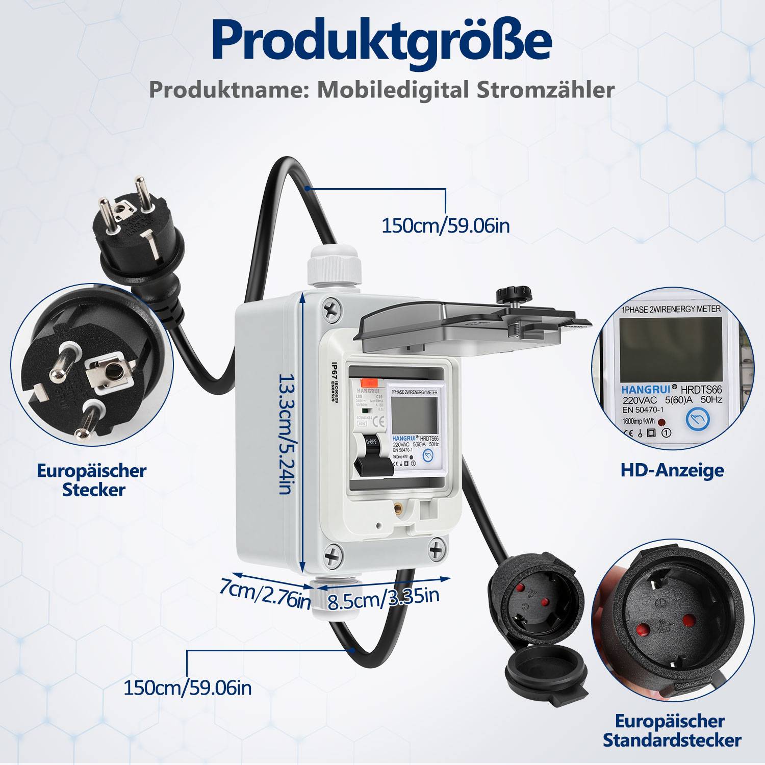 Mobiler Digitaler Stromzähler 16A 400V CEE mit FI IP67 3m Kabel