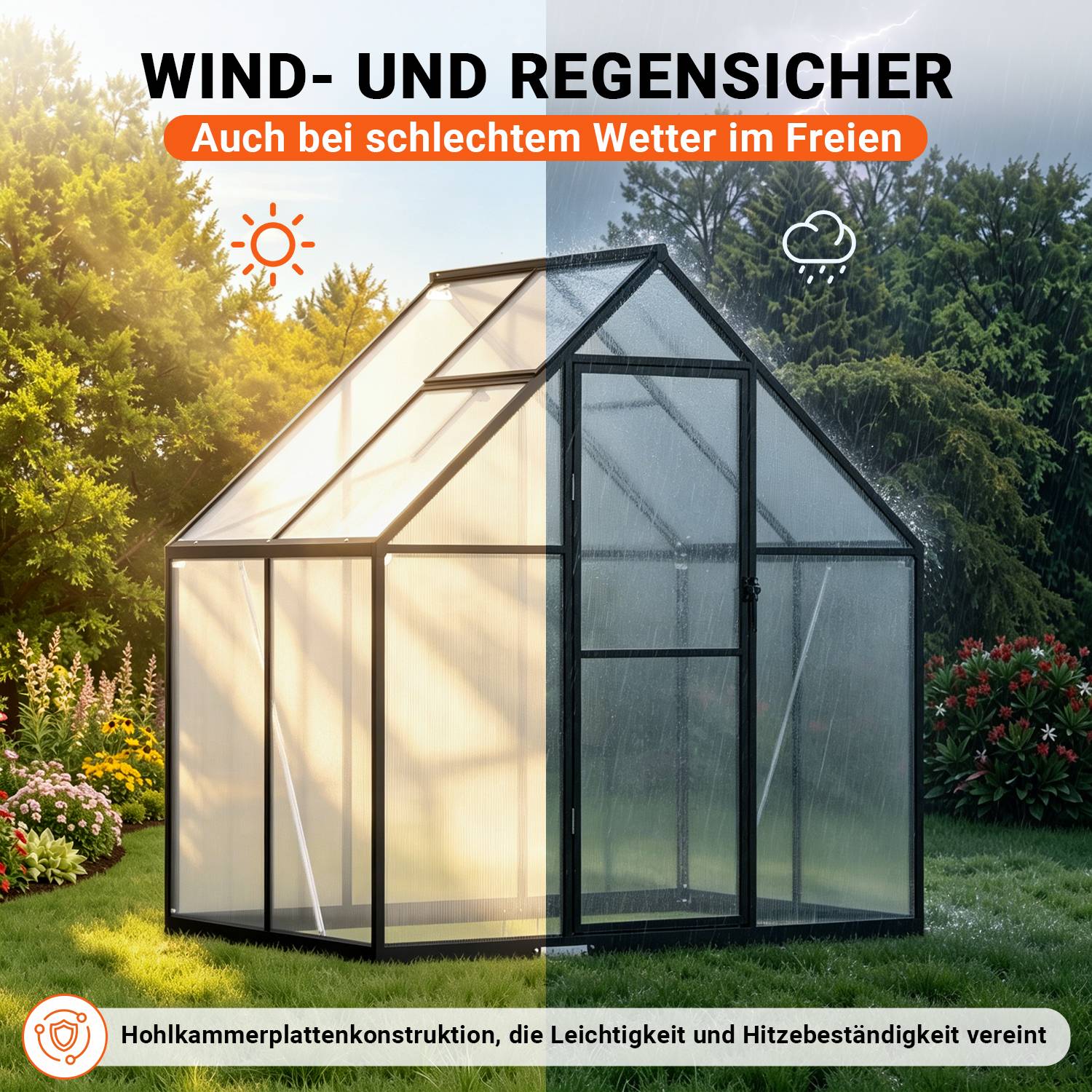 Gewächshaus, Wintergarten aus Aluminium, schwarzer Rahmen mit 4 mm starken Lichtplatten, Maße: 123 x 180 x 195 cm