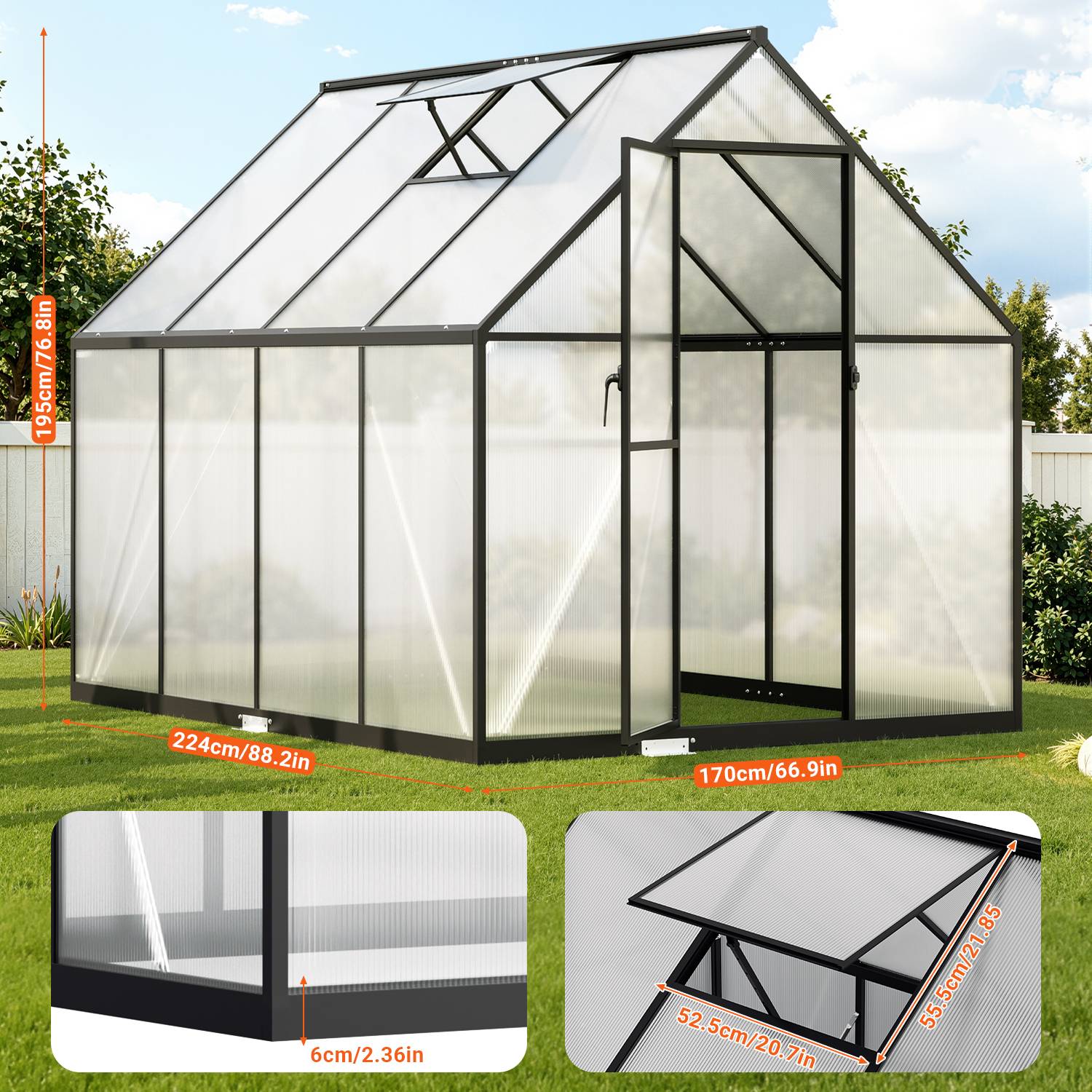 Gewächshaus, schwarzer Wintergarten aus Aluminiumlegierung, mit CE-Zertifizierung, Maße: 224 × 170 × 195 cm