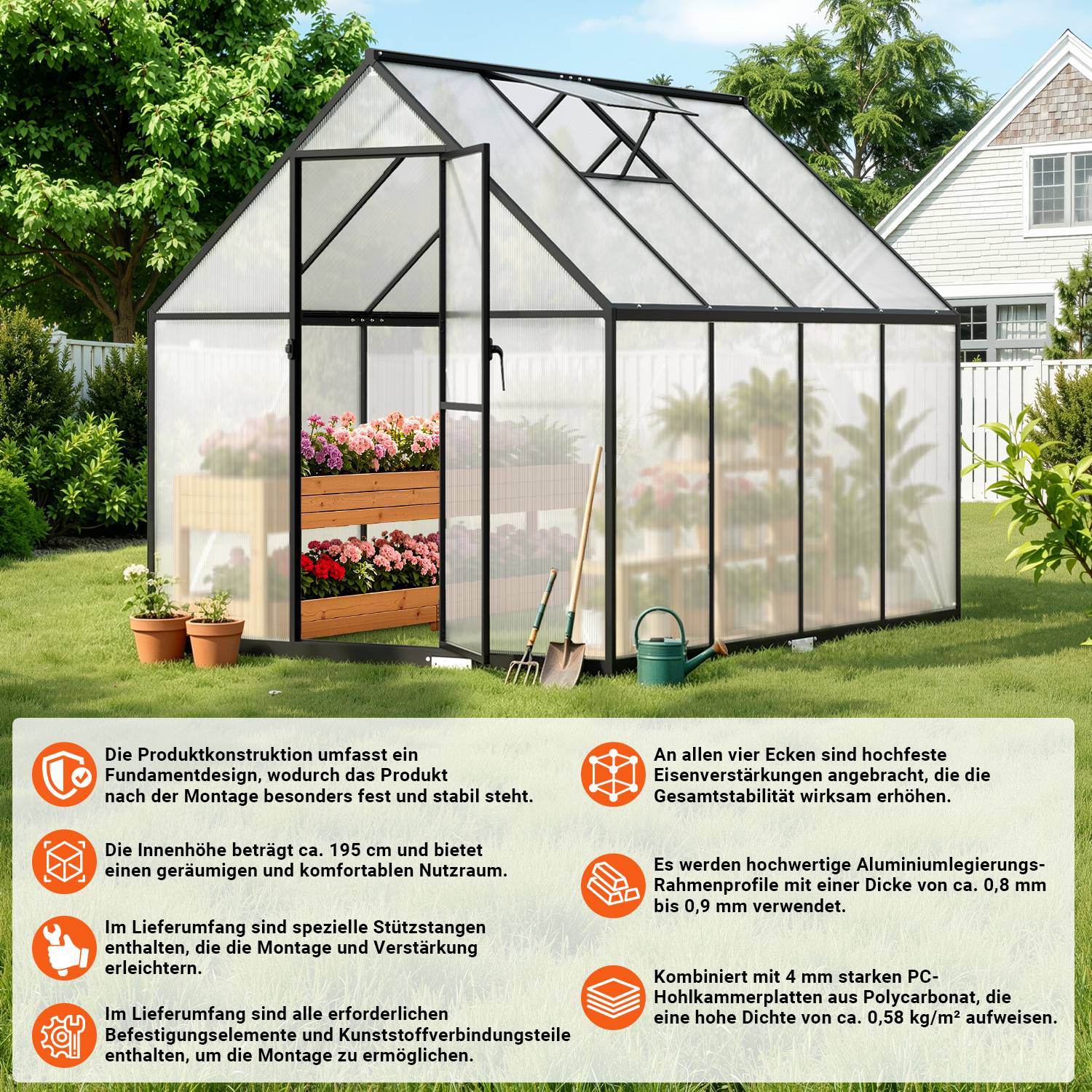 Gewächshaus, schwarzer Wintergarten aus Aluminiumlegierung, mit CE-Zertifizierung, Maße: 224 × 170 × 195 cm