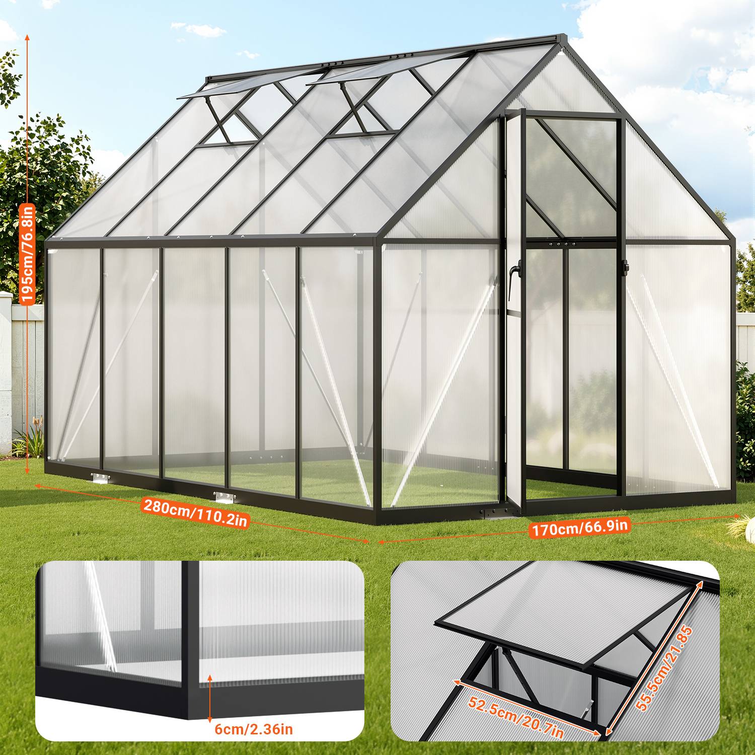 Gewächshaus, schwarzer Wintergarten aus Aluminiumlegierung, mit CE-Zertifizierung, Maße: 280 × 170 × 195 cm