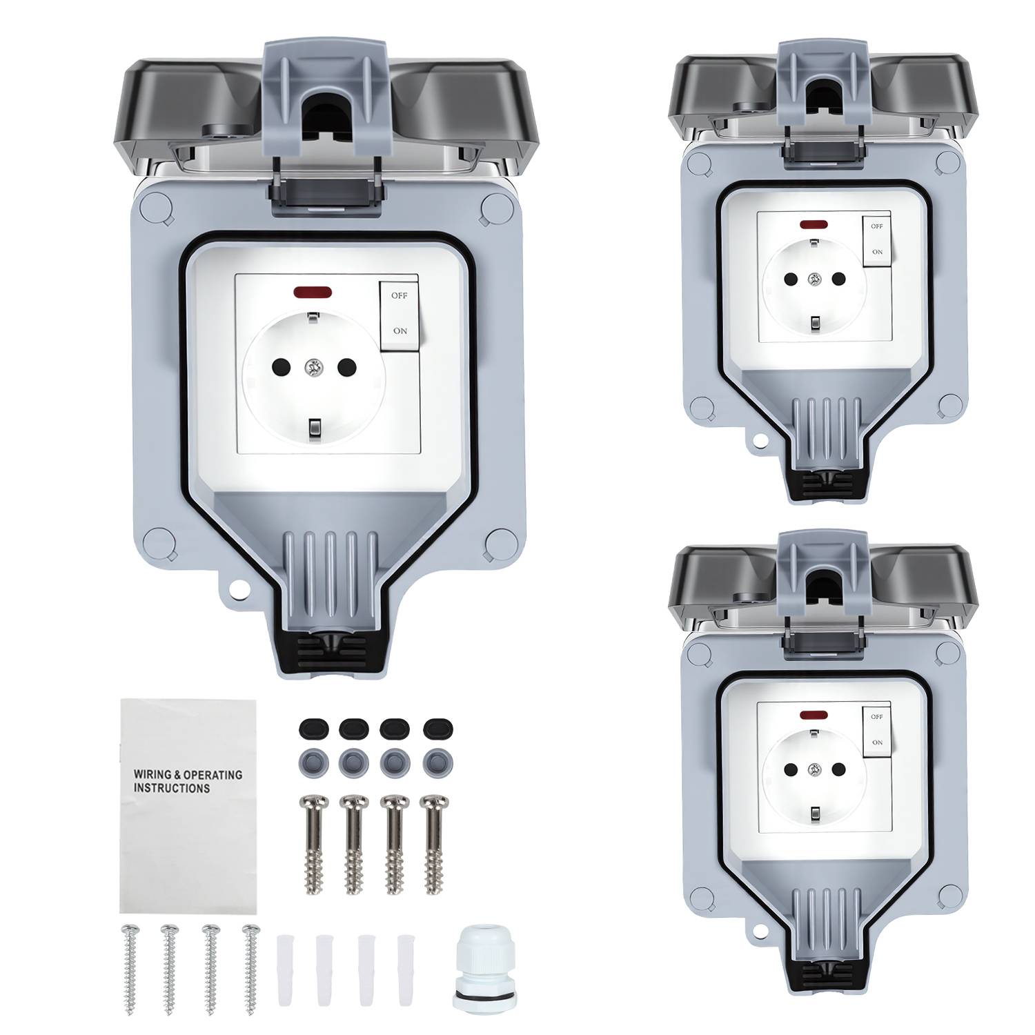 Außensteckdose 3X Wandsteckdosen Gartensteckdose Outdoor Wasserdicht Steckdose Steckdose mit Schalter Aufputz 16A IP65