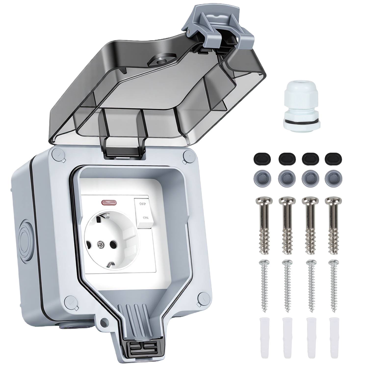 Außensteckdose Outdoor Steckdose Aufputz Wandsteckdose Gartensteckdose Schuko Wasserdicht mit Schalter 16A IP65