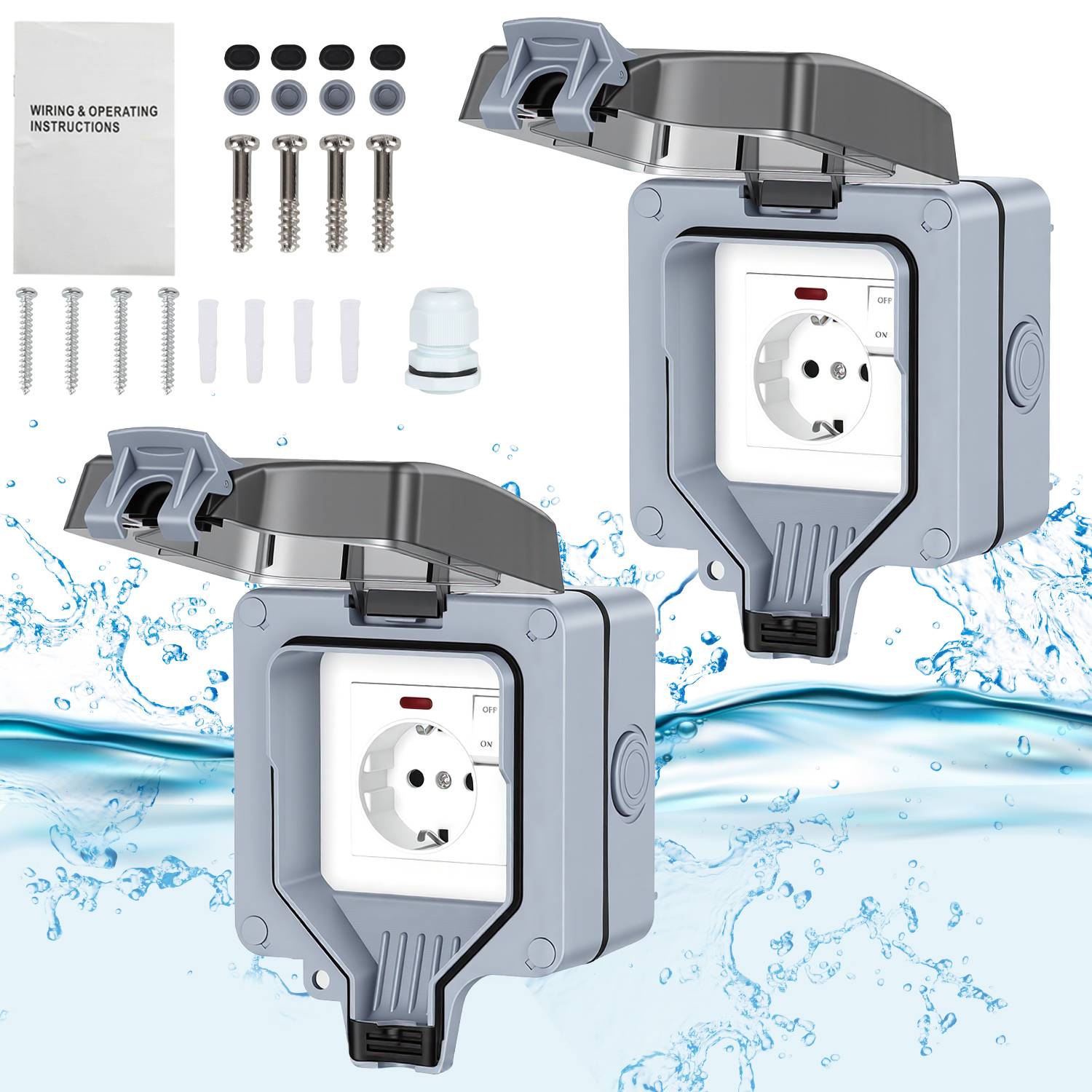 2X Außensteckdose Outdoor Steckdose Aufputz Wandsteckdose Gartensteckdose Schuko Wasserdicht mit Schalter 16A IP65