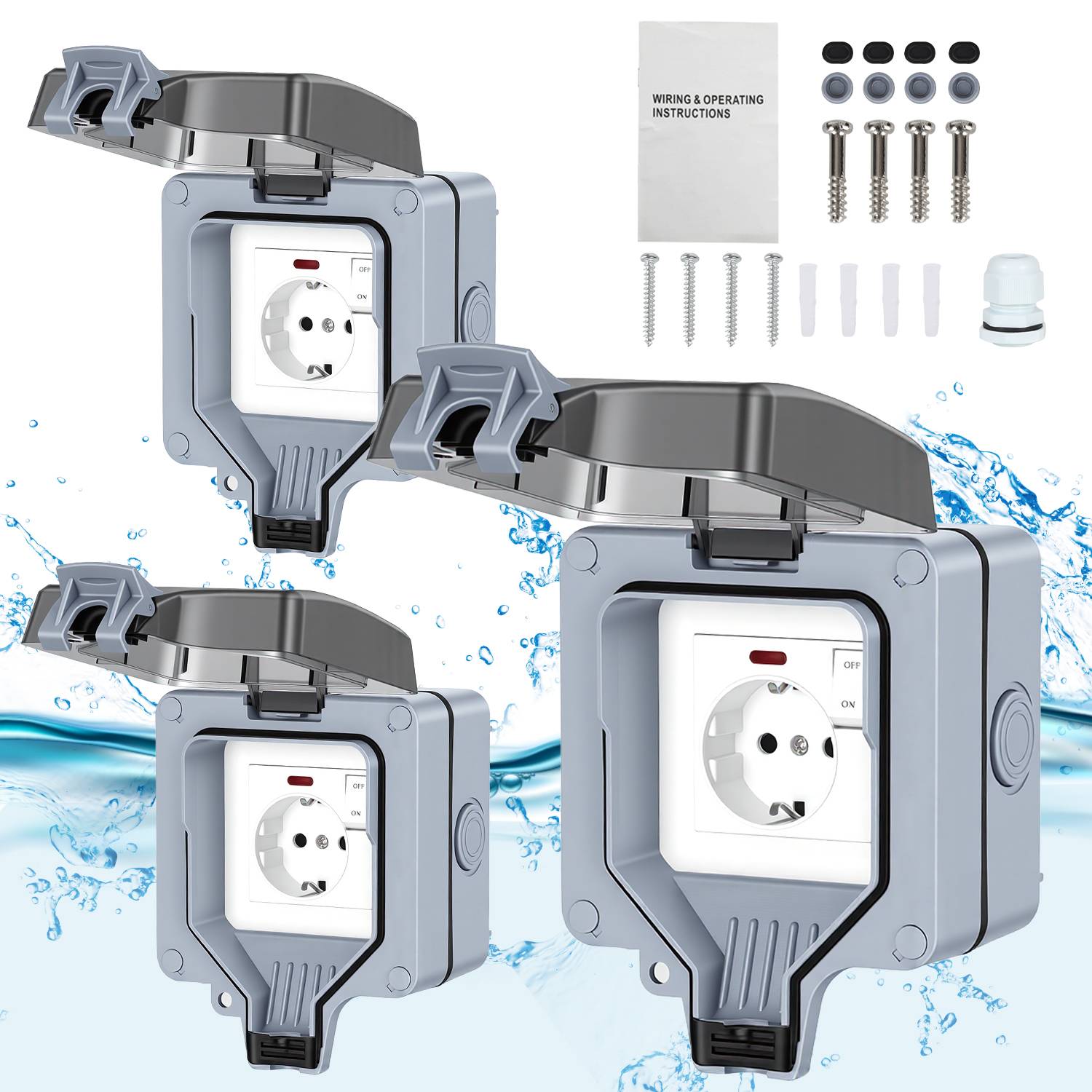 3X Außensteckdose Outdoor Steckdose Aufputz Wandsteckdose Gartensteckdose Schuko Wasserdicht mit Schalter 16A IP65