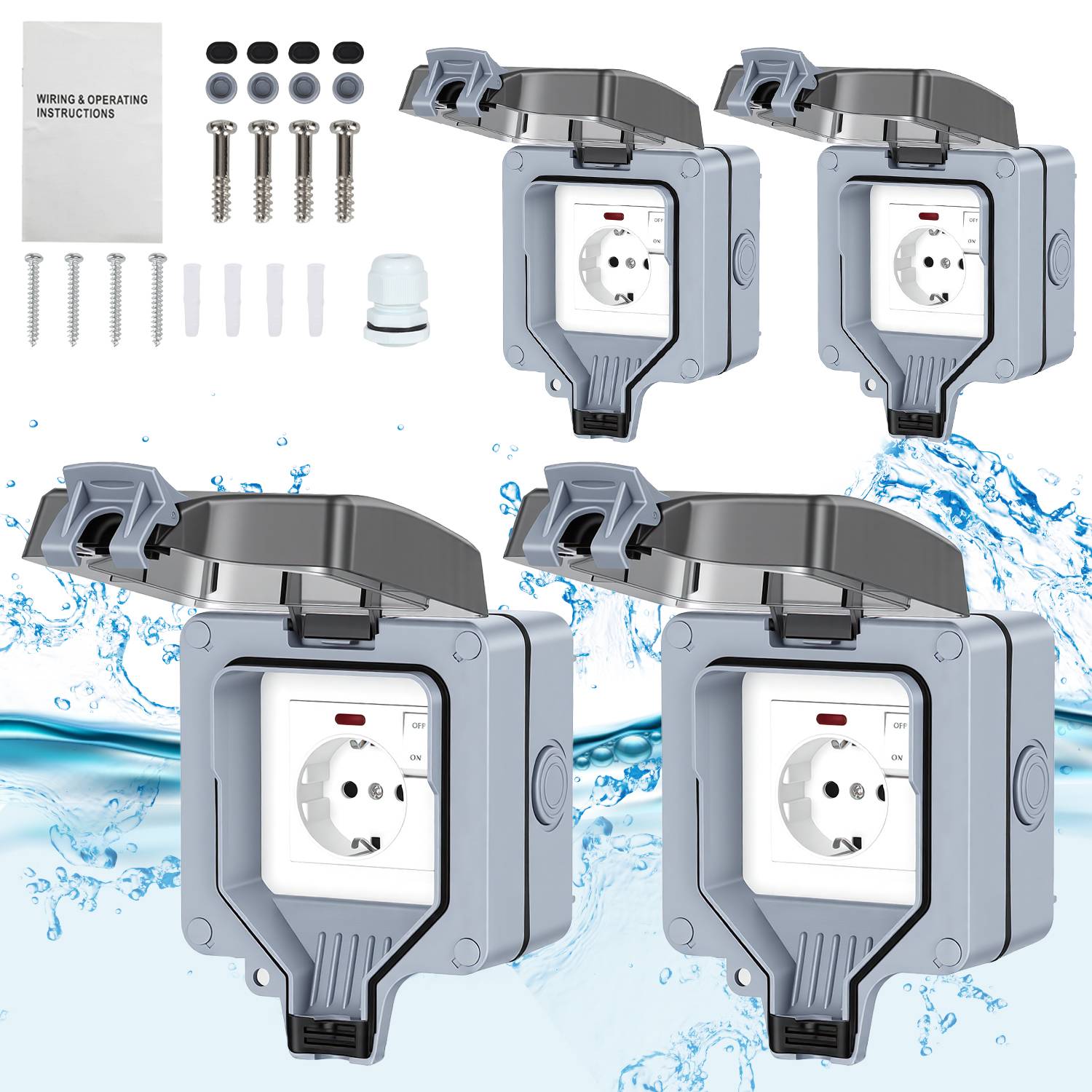 4X Außensteckdose Outdoor Steckdose Aufputz Wandsteckdose Gartensteckdose Schuko Wasserdicht mit Schalter 16A IP65
