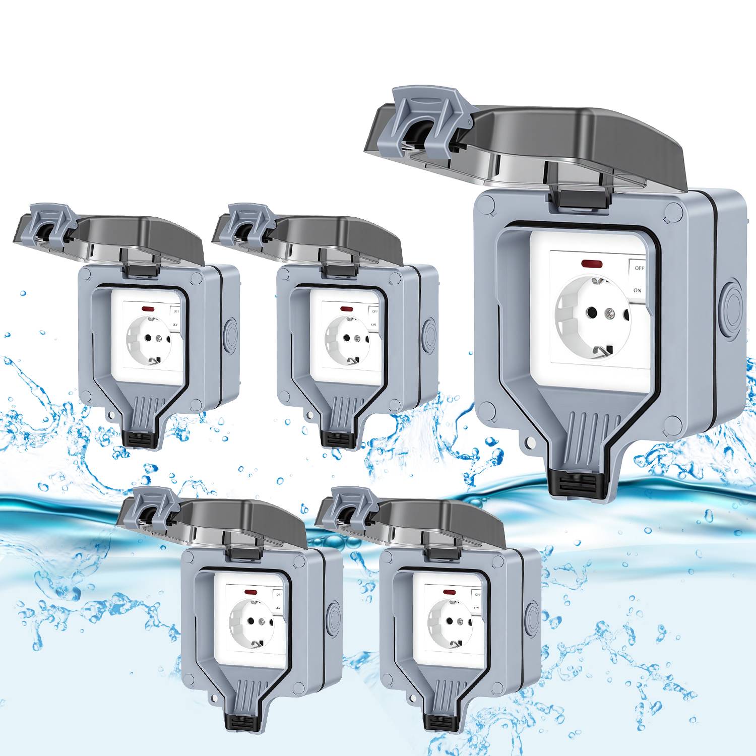5X Außensteckdose Outdoor Steckdose Aufputz Wandsteckdose Gartensteckdose Schuko Wasserdicht mit Schalter 16A IP65
