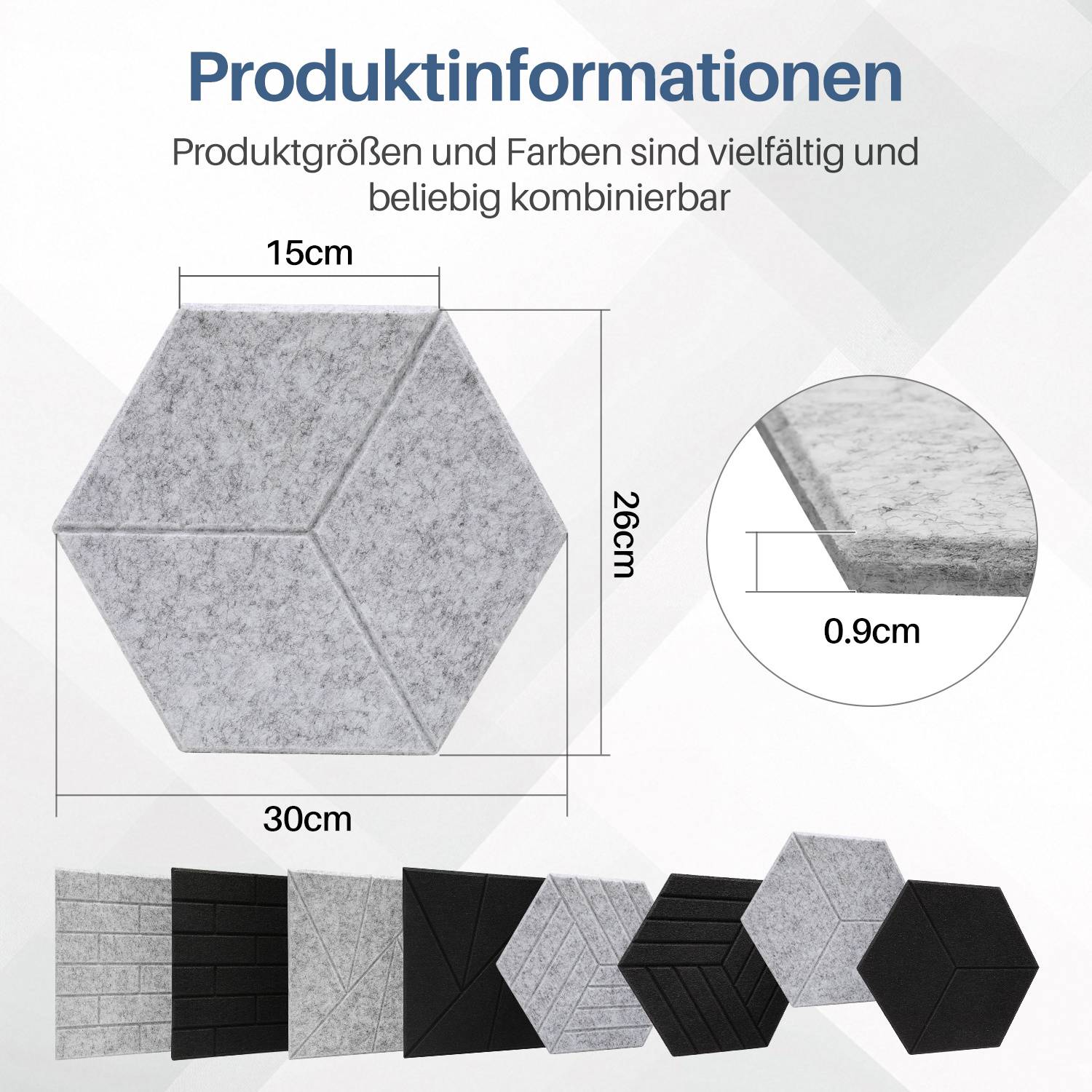 18 Stück Akustikplatten Hexagonal selbstklebend Schallschutzplatten Hohe Dichte Wandpaneel Hellgrau