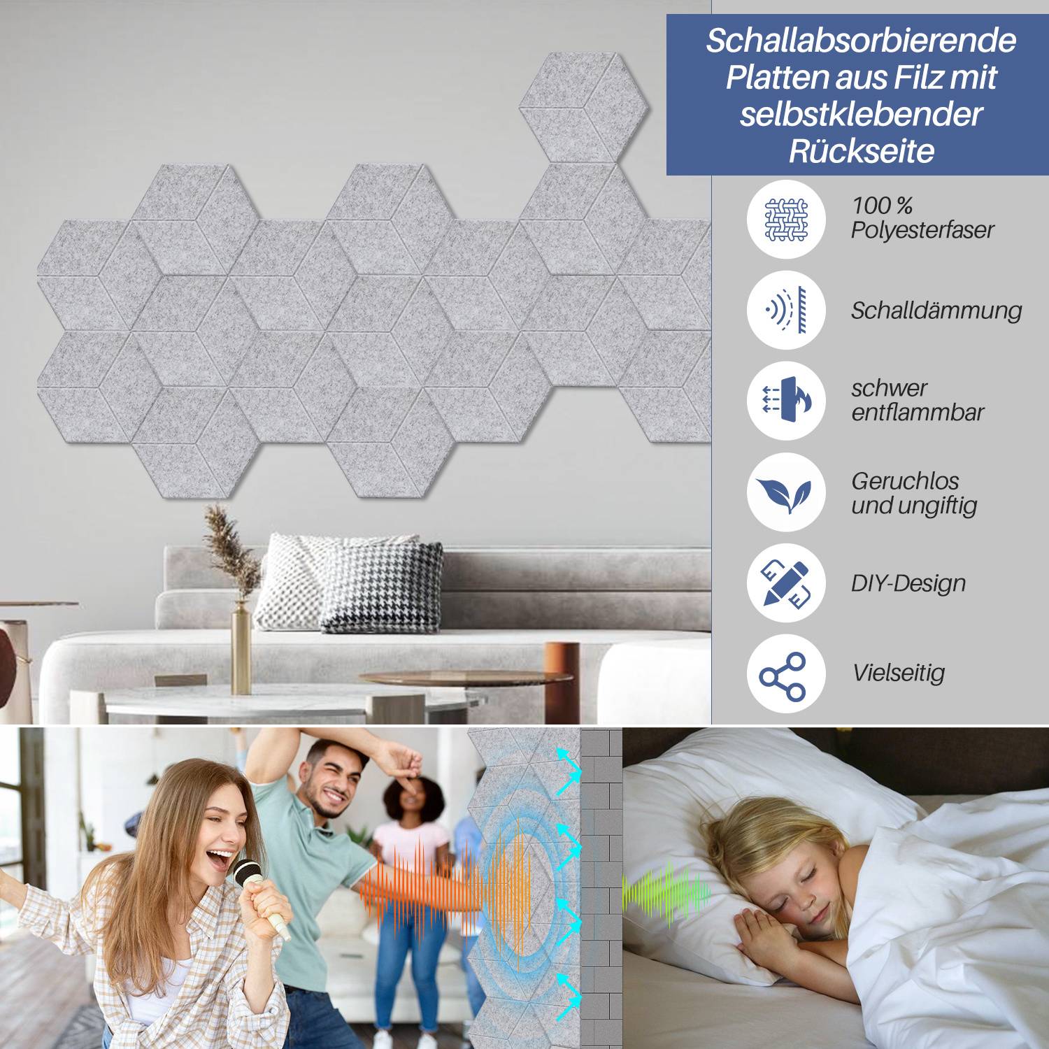 12 Stück Akustikplatten Hexagonal selbstklebend Schallschutzplatten Hohe Dichte Wandpaneel Hellgrau