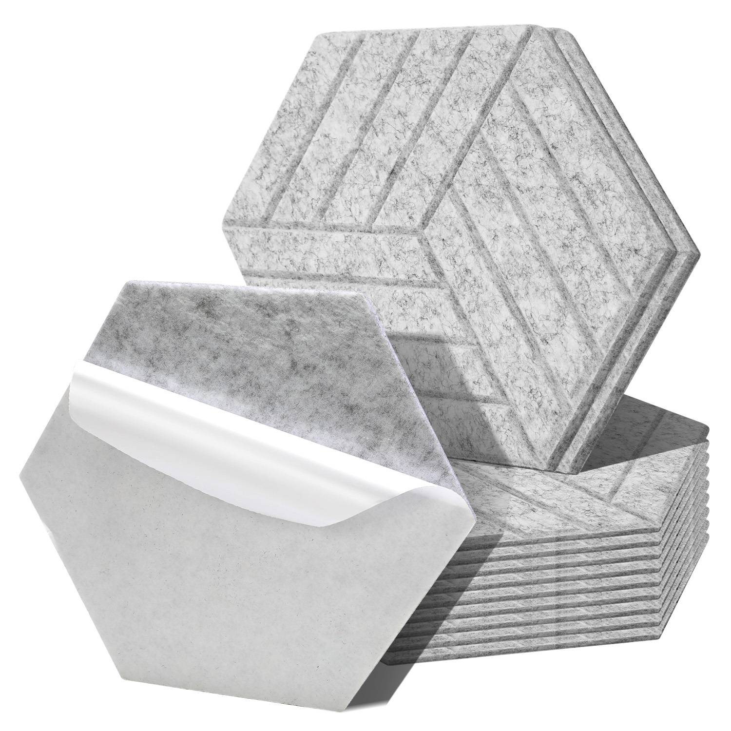 12 Stück Akustikplatten Hexagonal gestreift selbstklebend Schallschutzplatten Hohe Dichte Wandpaneel Hellgrau