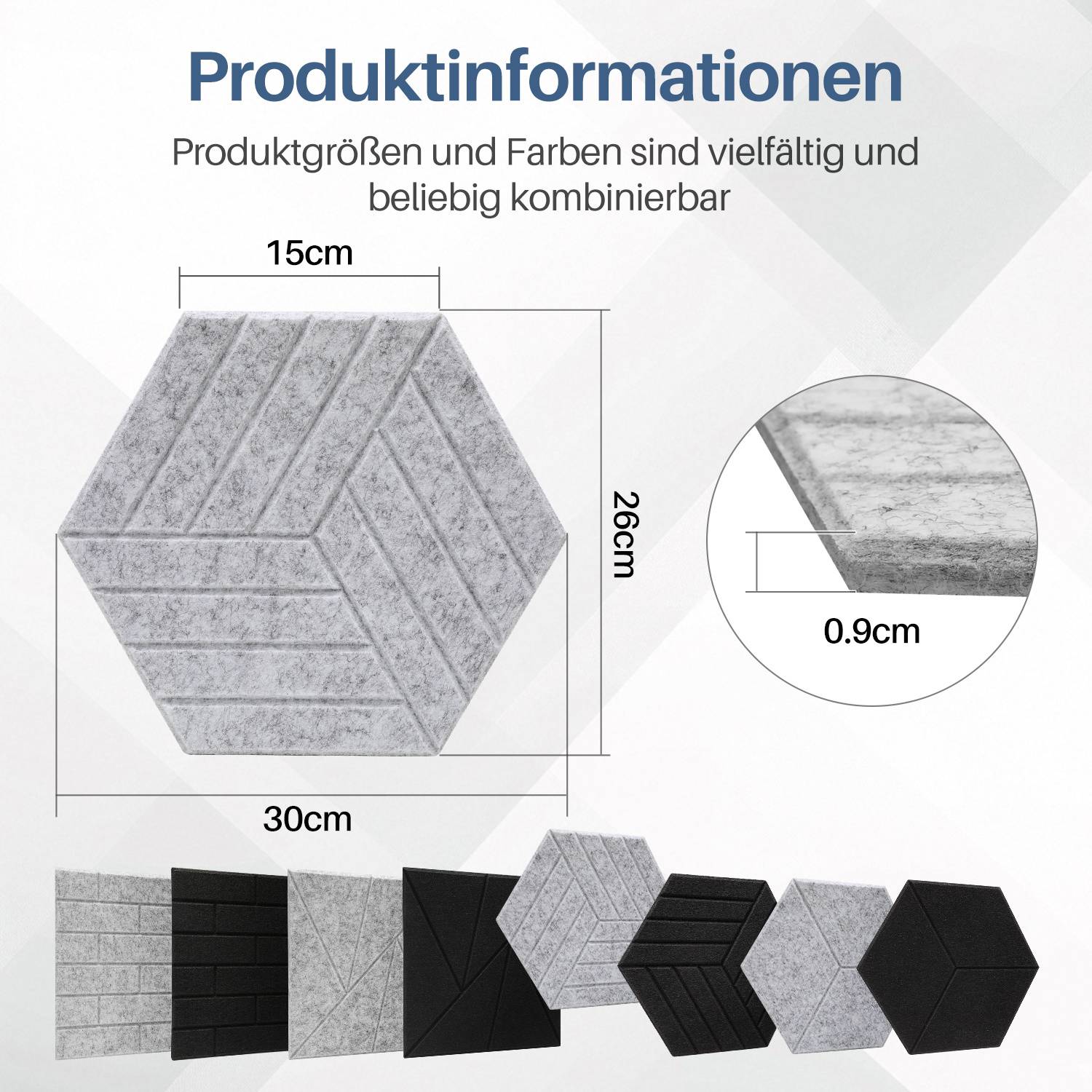 18 Stück Akustikplatten Hexagonal gestreift selbstklebend Schallschutzplatten Hohe Dichte Wandpaneel Hellgrau