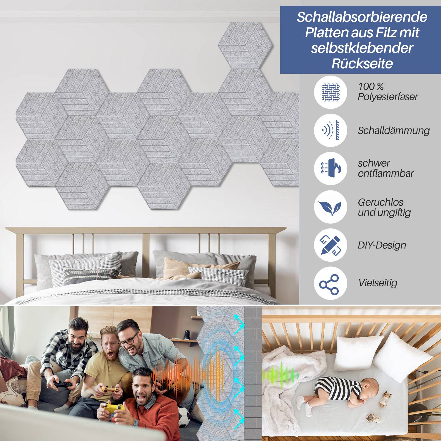 18 Stück Akustikplatten Hexagonal gestreift selbstklebend Schallschutzplatten Hohe Dichte Wandpaneel Hellgrau