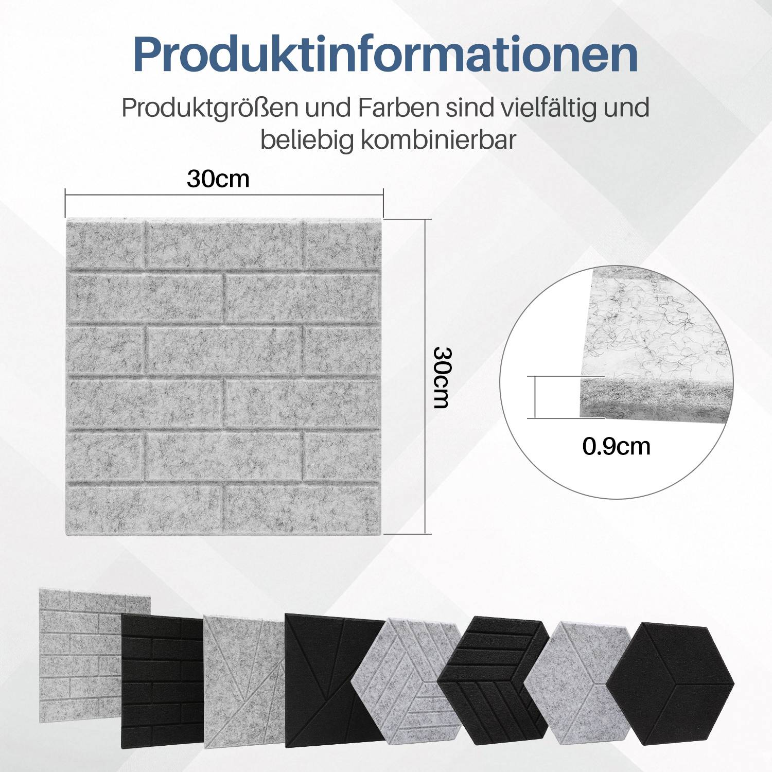 18 Stück Akustikplatten Quadratisch Kacheln selbstklebend Schallschutzplatten Hohe Dichte Wandpaneel Hellgrau