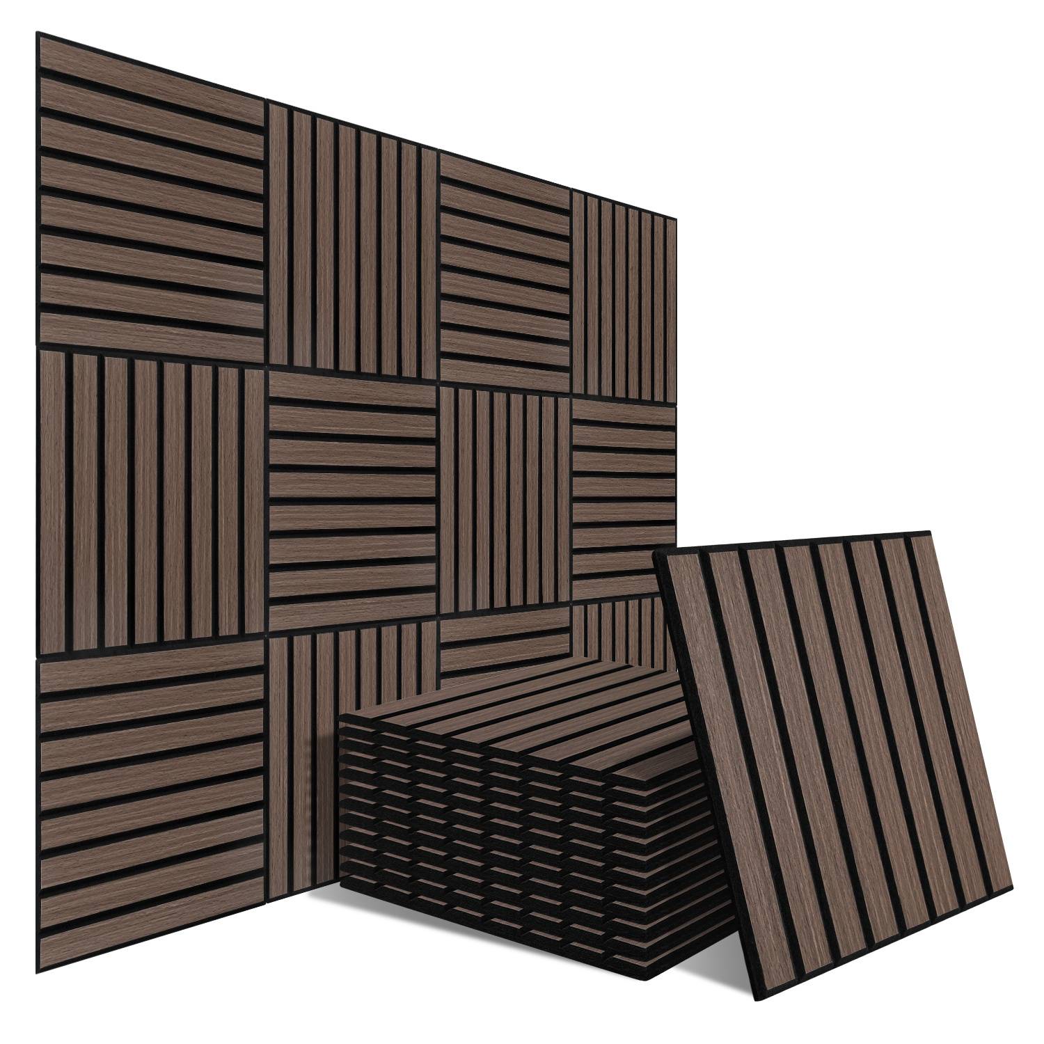 12 Stück Akustikpaneele 30x30cm, Innendekoration Wandpaneele, Holzpaneele Wand, selbstklebend Schallschutzplatten, schwarze Walnuss Lamellenwand auf