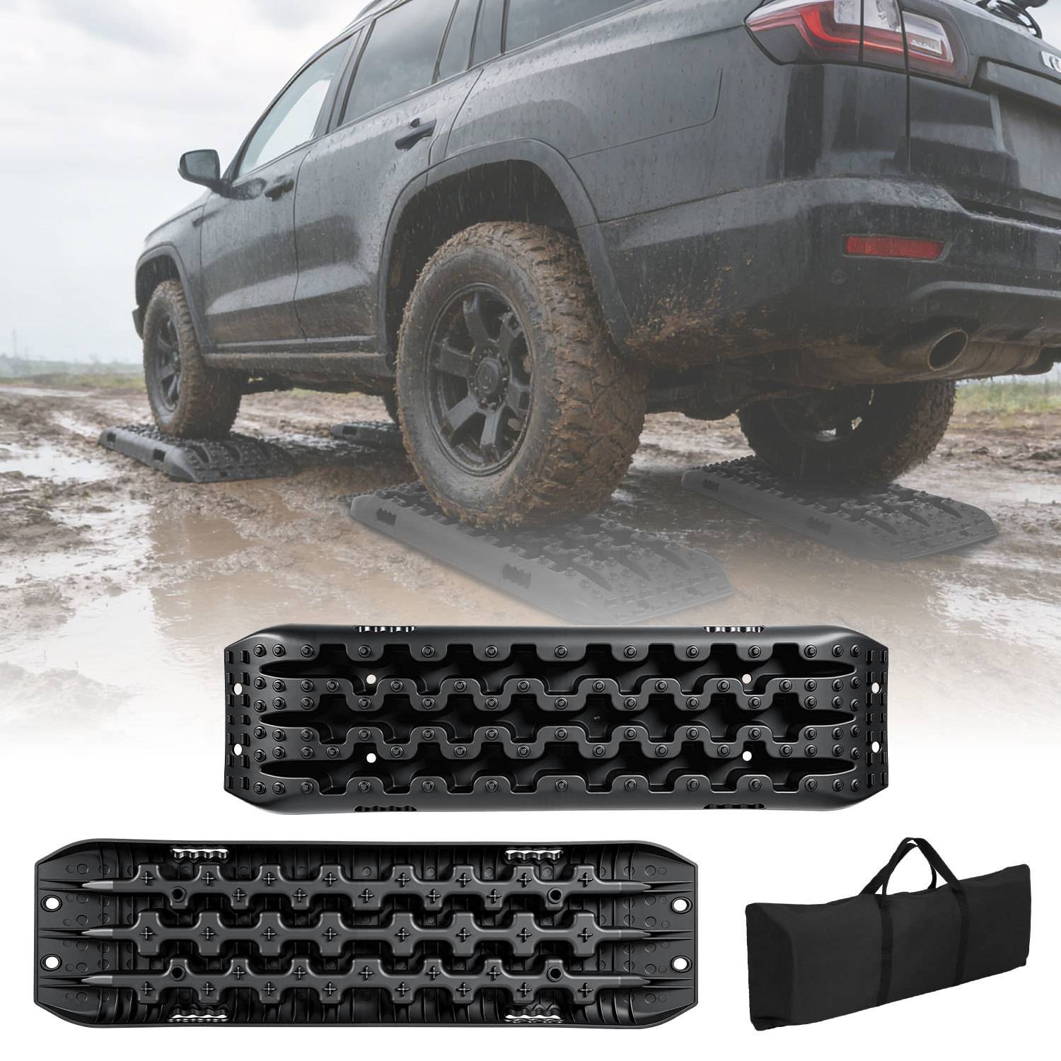 Anfahrhilfe Auto 2er Set, Traktionsmatten für Reifen, Offroad Bergeboards aus PP für SUV Wohnmobil LKW, Sand Schlamm Schnee, Schwarz mit Tragetasche