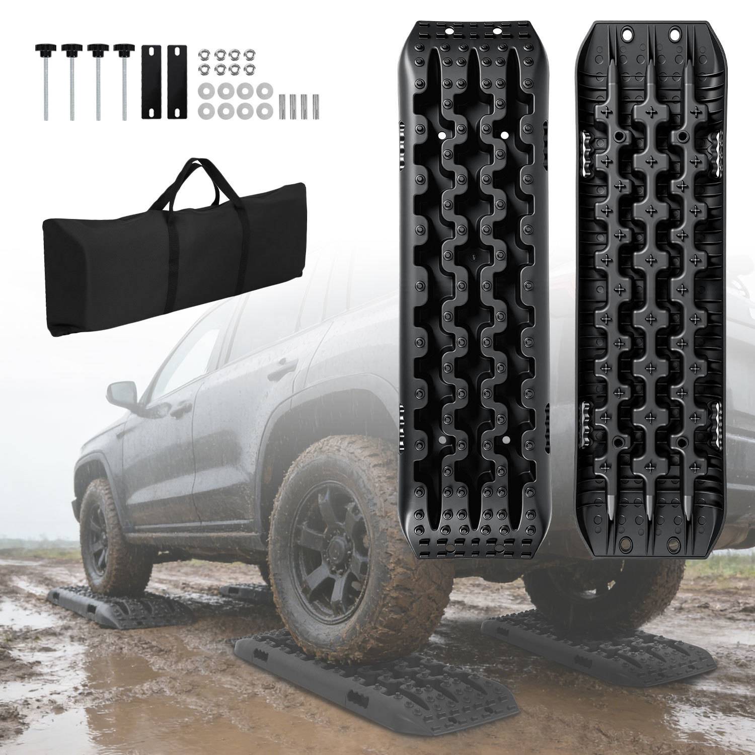 Anfahrhilfe Auto 2er Set mit Halterung und Tragetasche, Traktionsmatten für Reifen, Offroad Bergeboards aus PP für SUV Wohnmobil LKW, Sand Schlamm