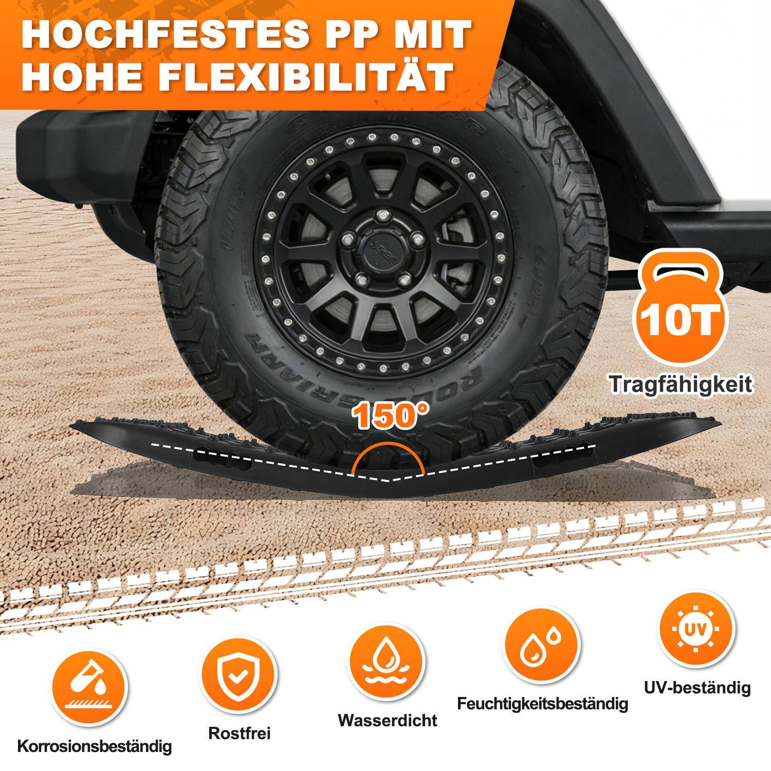 Anfahrhilfe Auto 2er Set mit Halterung und Tragetasche, Traktionsmatten für Reifen, Offroad Bergeboards aus PP für SUV Wohnmobil LKW, Sand Schlamm