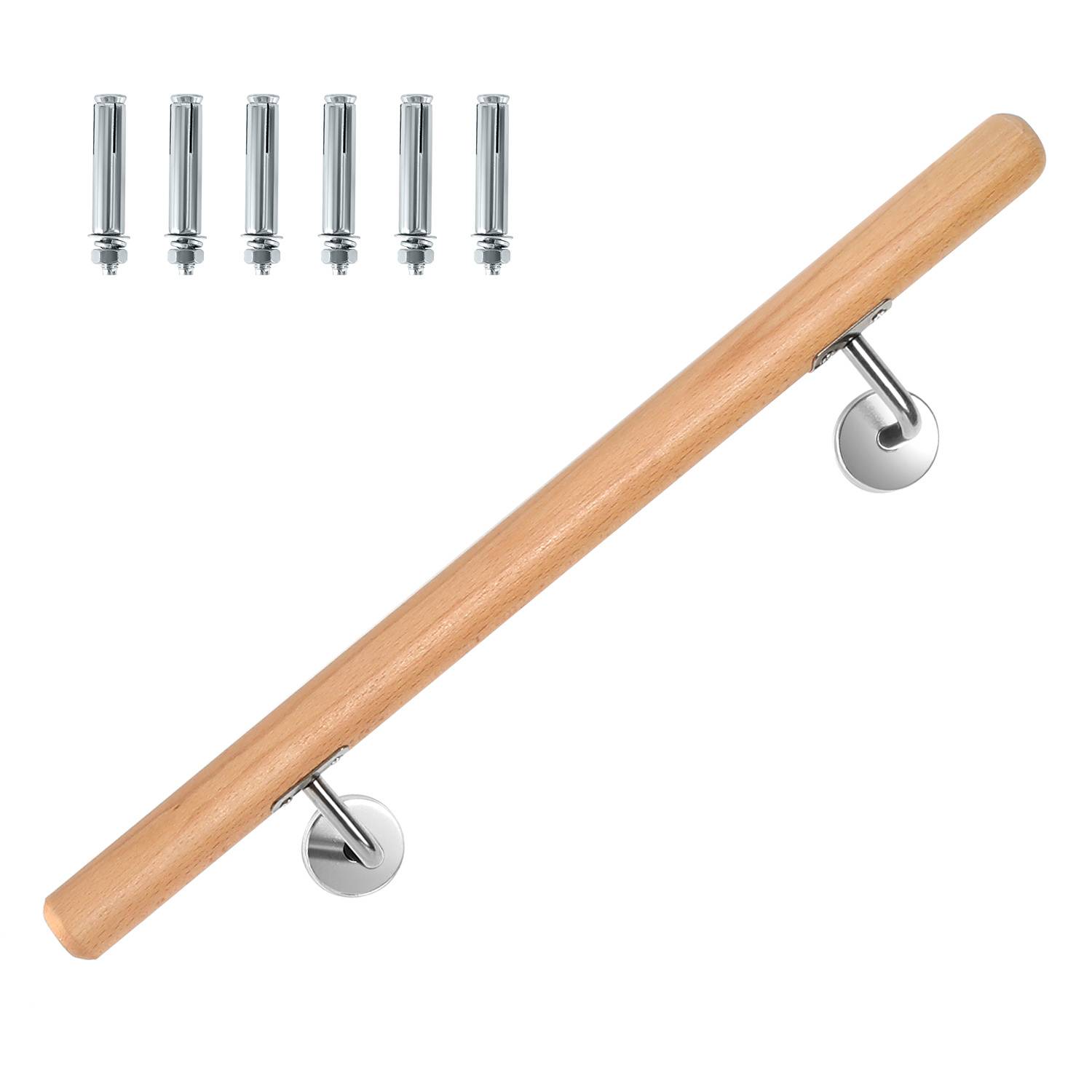 Buchenholz Handlauf 50 cm, Treppenhandlauf aus Massivholz mit Edelstahl-Wandhalter, Ø 4,2 cm, lackiert, für Treppe Flur Bad Gartenstufen