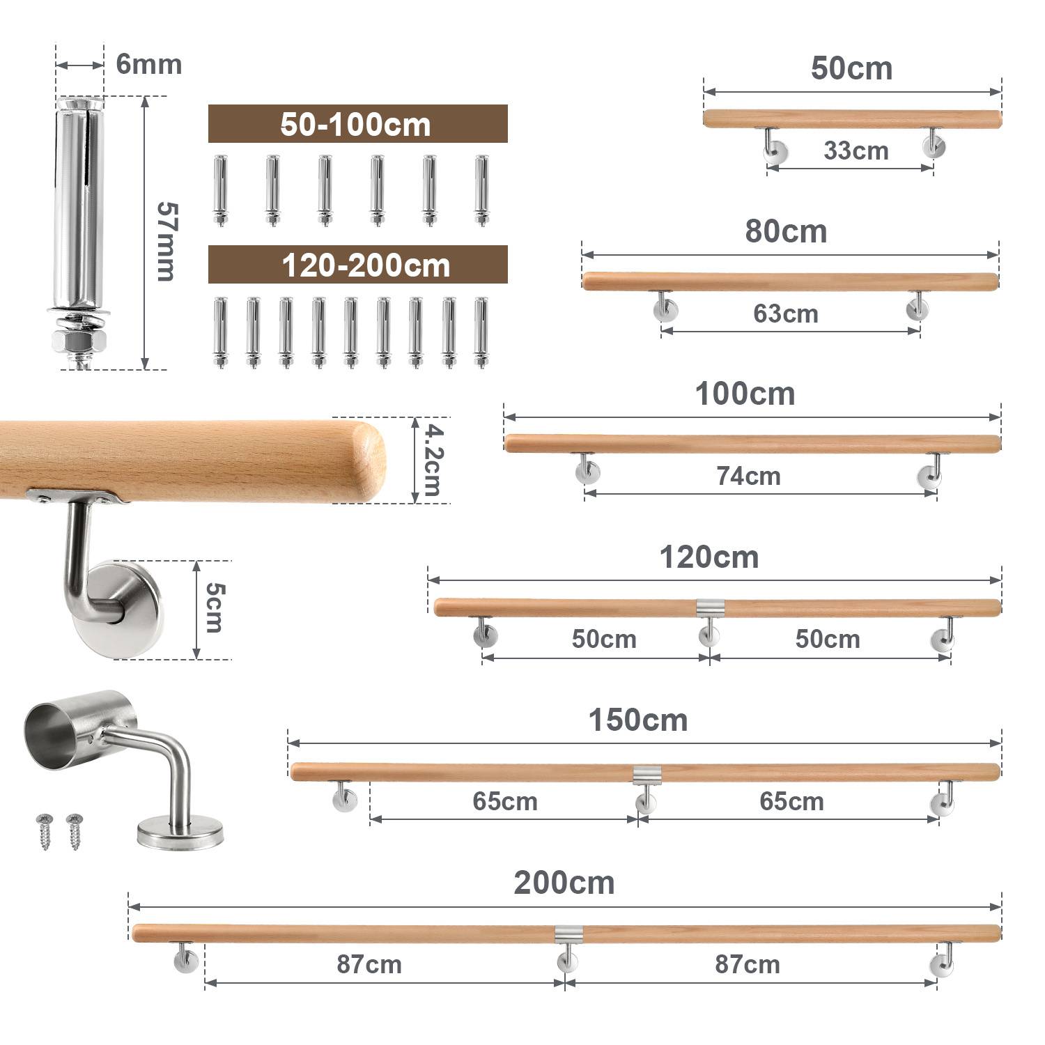Buchenholz Handlauf 200 cm, 2-teilig, Treppenhandlauf aus Massivholz mit Edelstahl-Wandhalter, Ø 4,2 cm, lackiert, für Treppe Flur Bad Gartenstufen