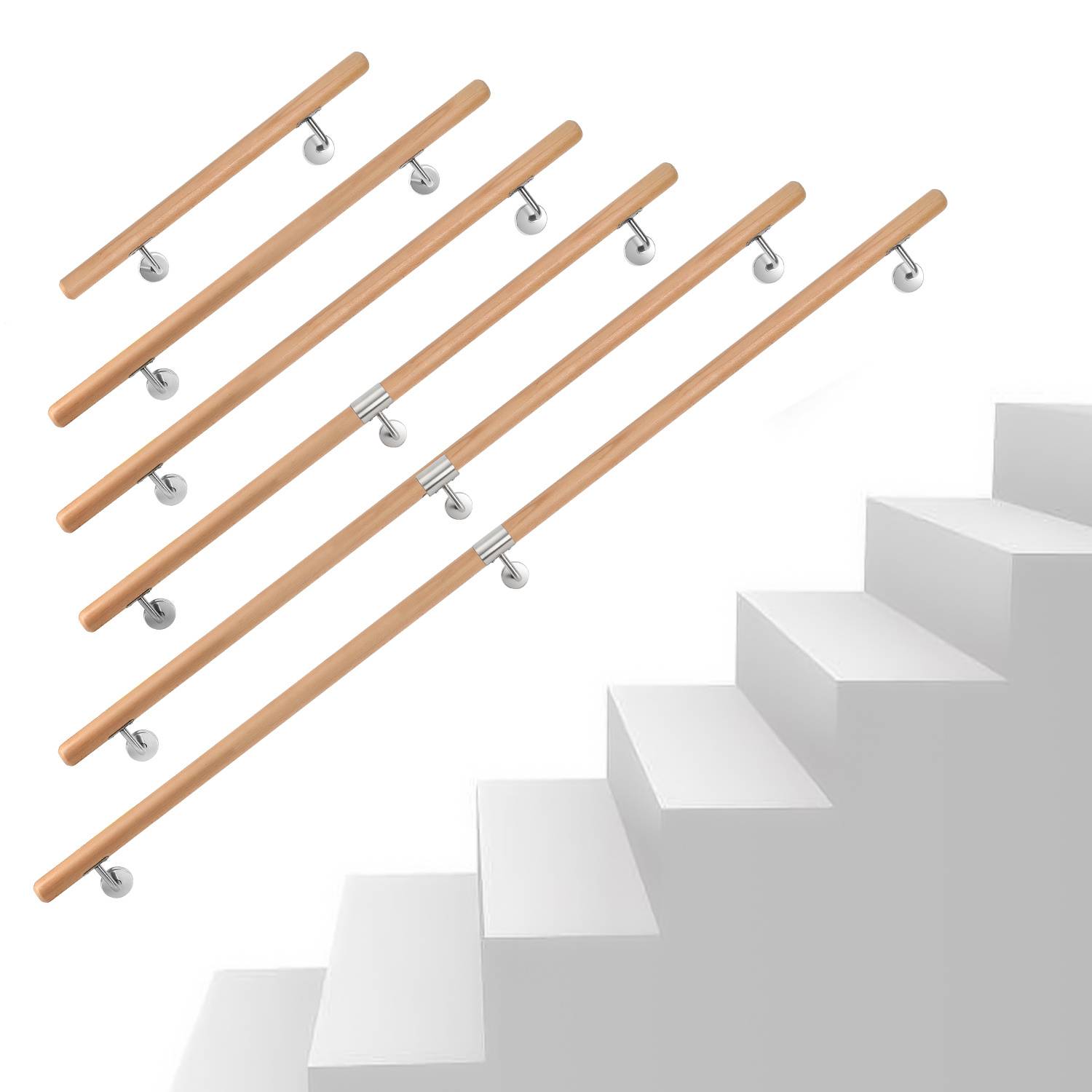 Buchenholz Handlauf 100 cm, Treppenhandlauf aus Massivholz mit Edelstahl-Wandhalter, Ø 4,2 cm, lackiert, für Treppe Flur Bad Gartenstufen