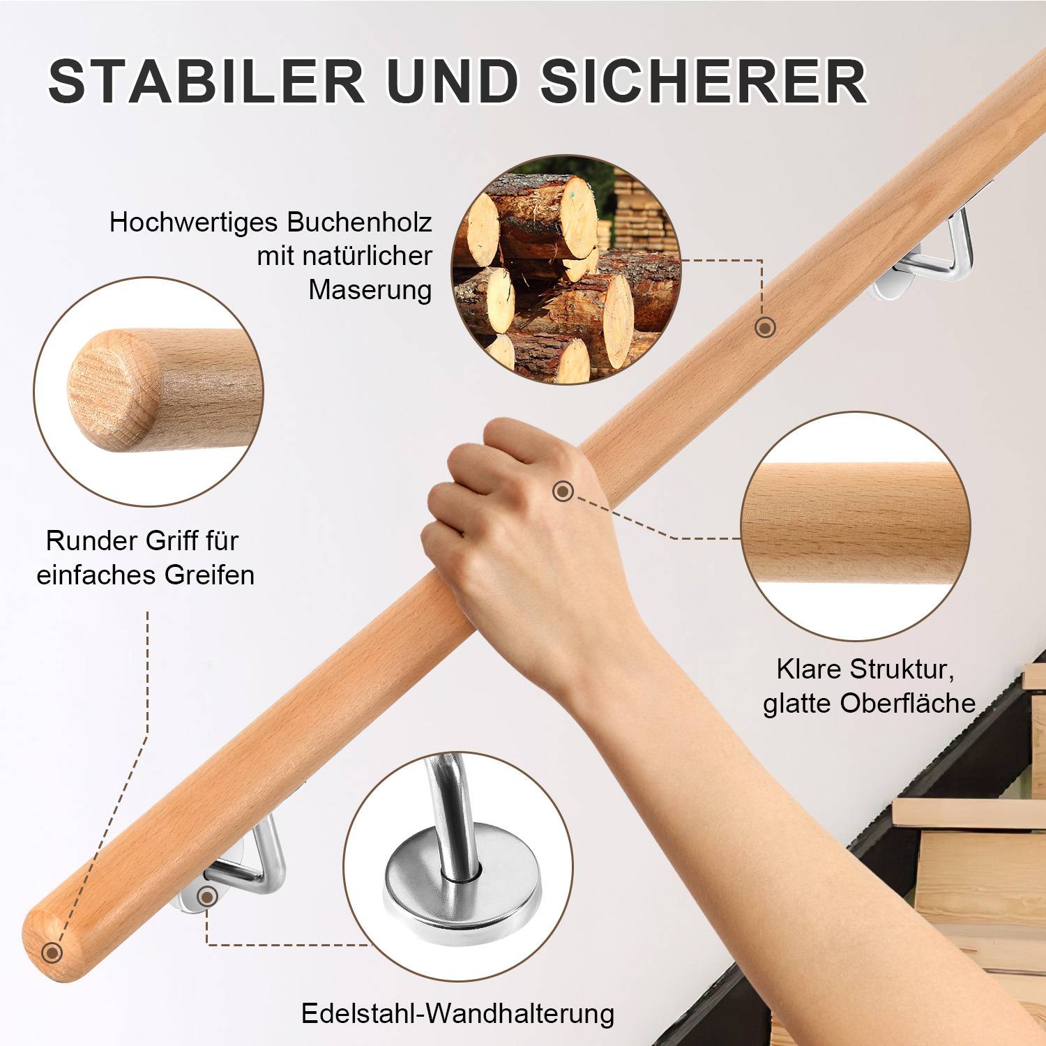 Buchenholz Handlauf 120 cm, 2-teilig, Treppenhandlauf aus Massivholz mit Edelstahl-Wandhalter, Ø 4,2 cm, lackiert, für Treppe Flur Bad Gartenstufen