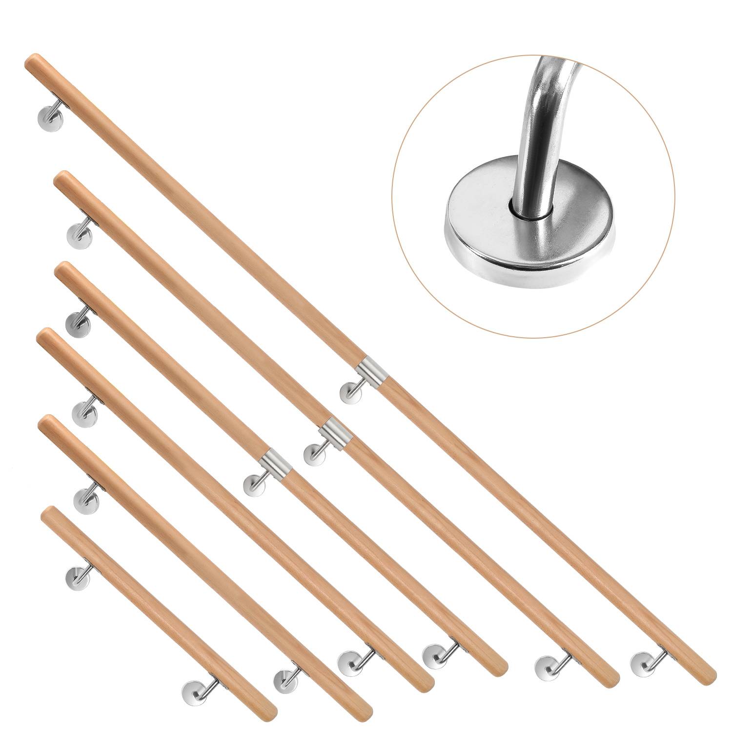 Buchenholz Handlauf 120 cm, 2-teilig, Treppenhandlauf aus Massivholz mit Edelstahl-Wandhalter, Ø 4,2 cm, lackiert, für Treppe Flur Bad Gartenstufen