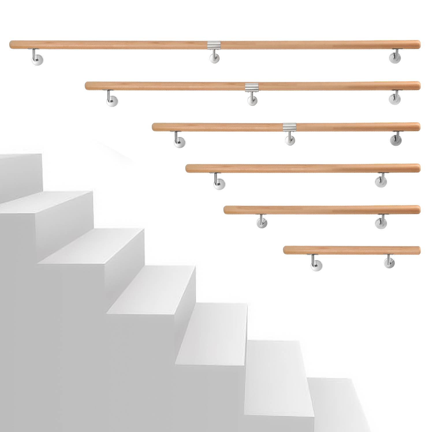Buchenholz Handlauf 200 cm, 2-teilig, Treppenhandlauf aus Massivholz mit Edelstahl-Wandhalter, Ø 4,2 cm, lackiert, für Treppe Flur Bad Gartenstufen