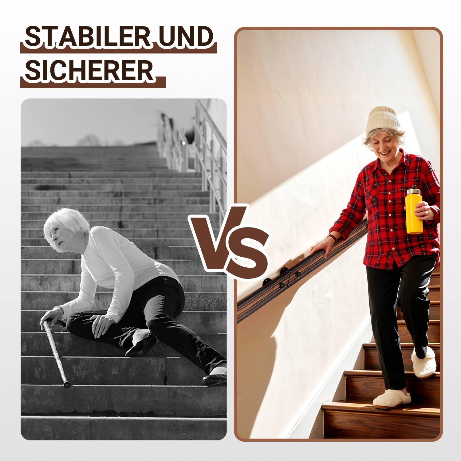 Wandhandlauf aus Kiefernholz 100 cm, braun mit Holzmaserung, Treppenhandlauf mit Eisenhalter, horizontal vertikal schräg montierbar