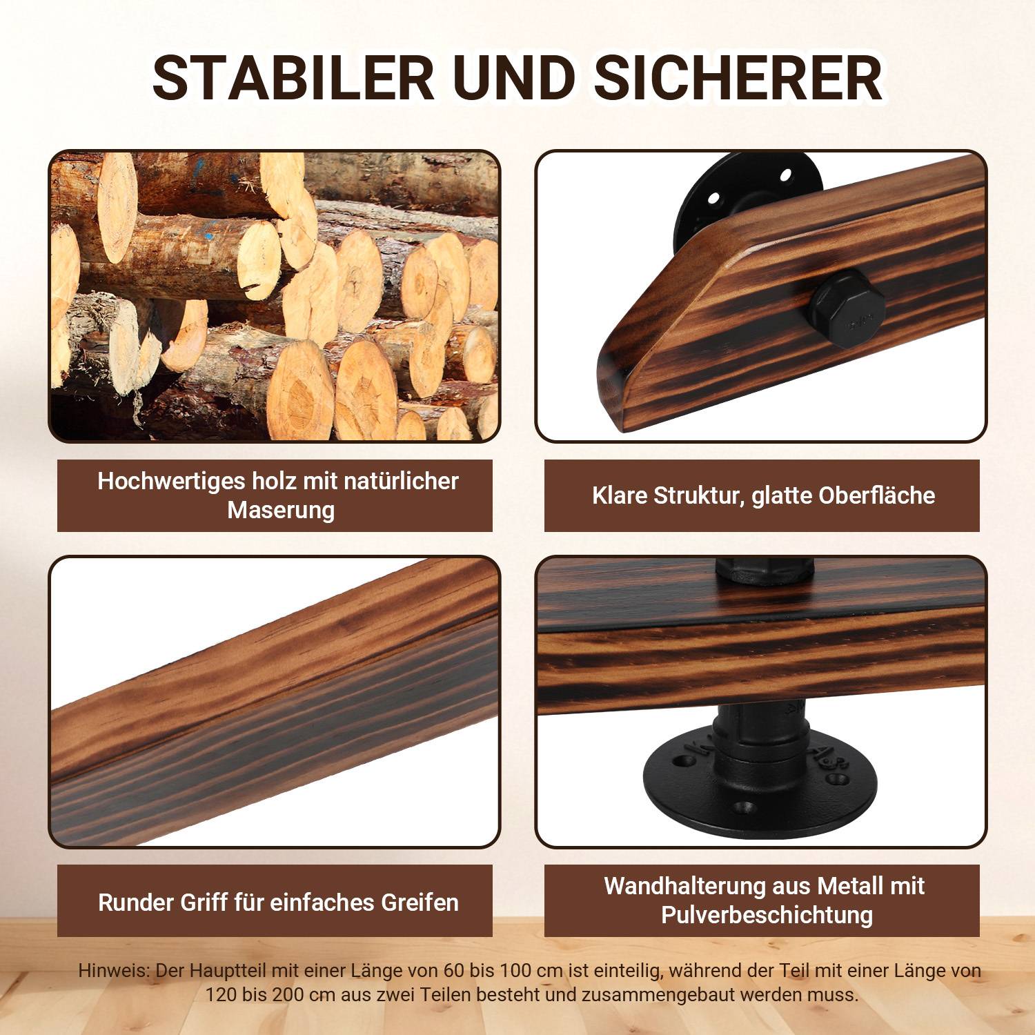 Wandhandlauf aus Kiefernholz 100 cm, braun mit Holzmaserung, Treppenhandlauf mit Eisenhalter, horizontal vertikal schräg montierbar